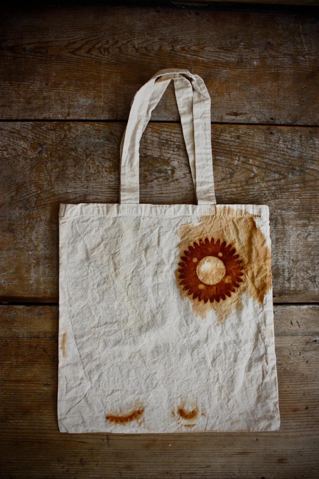 Light Cotton Tote Bag Rust Dyed Gears Handmade Book Bag Farmers Market 14×14