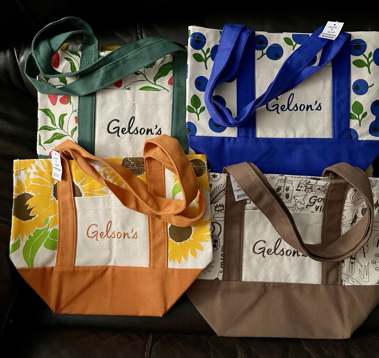 4 Gelson’s Mini Embroidered Canvas Tote Bag Set, one of each design, NWT