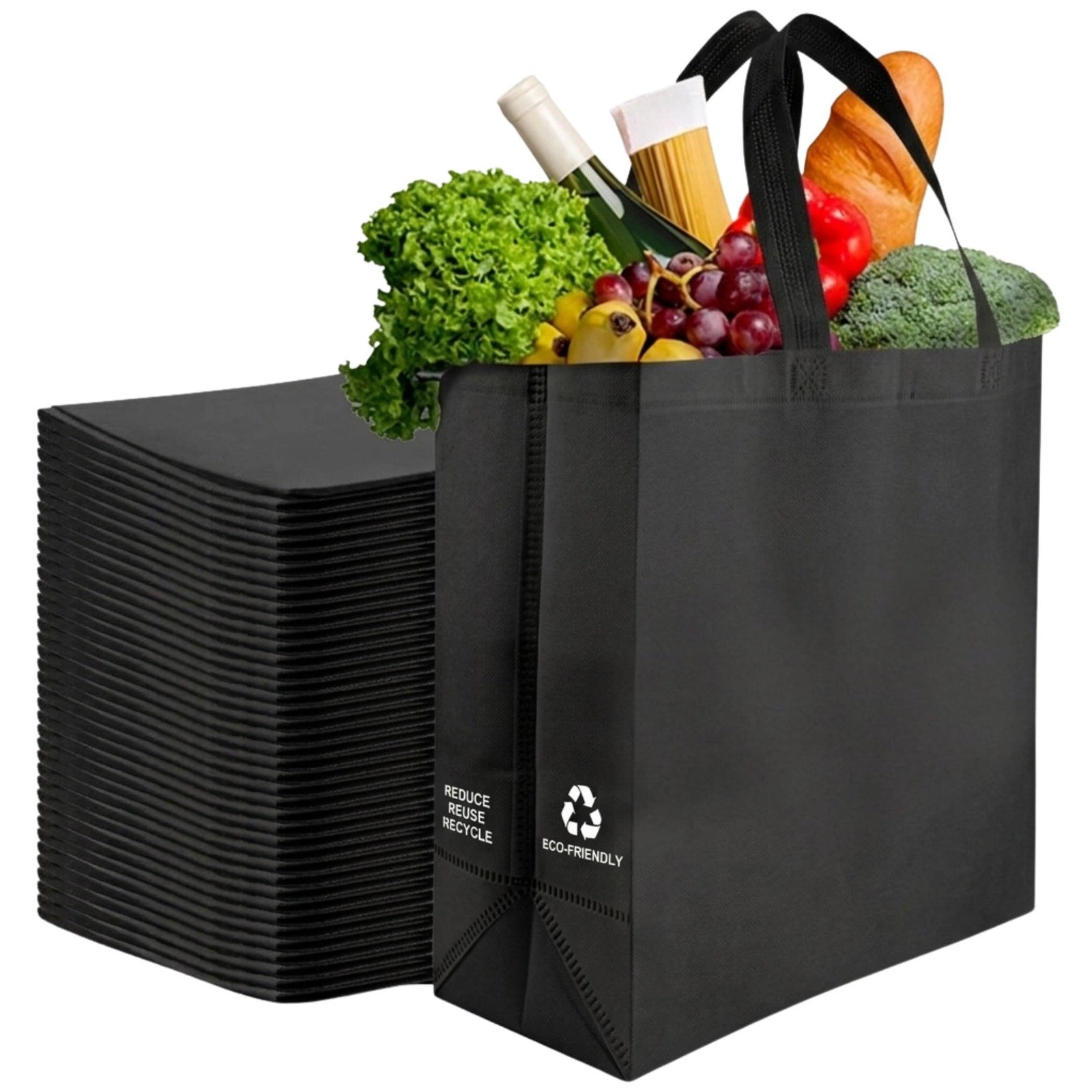 50 Pack Black Reusable Eco-Friendly Large Grocery Shopping Bags 14.5″x14″x6.6…