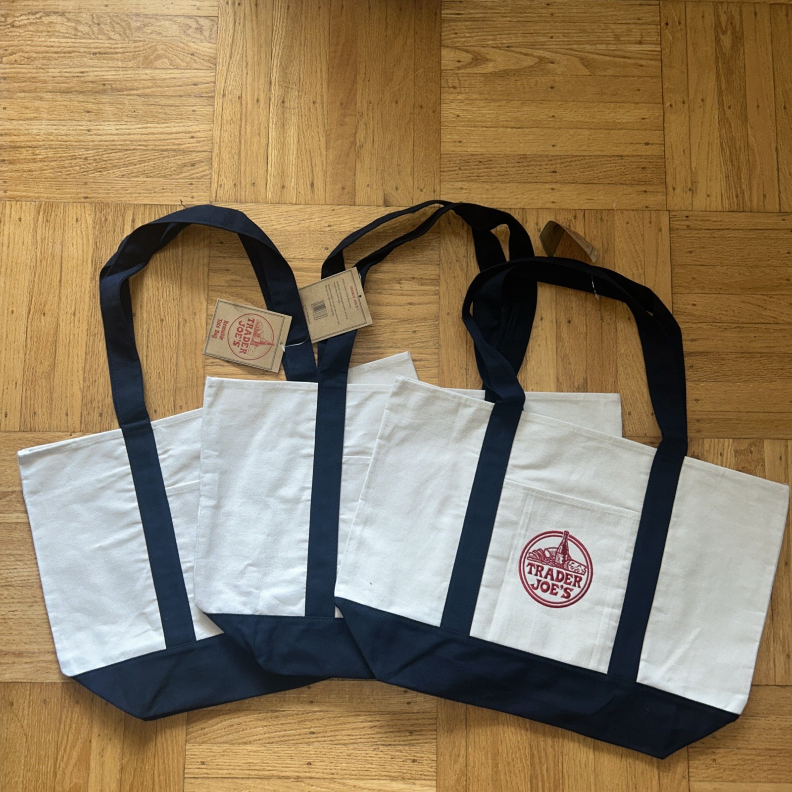 Trader Joe’s Canvas Reusable Essential Bag Tote Large Navy Blue Set Of 3 New