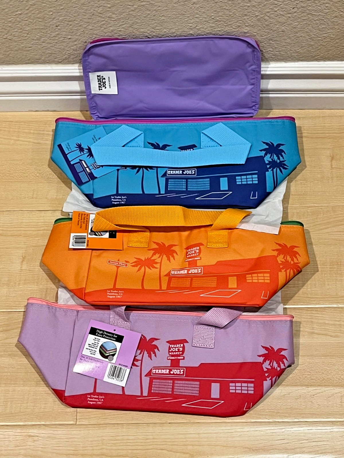 Lot (3) New Trader Joe’s Insulated Mini Tote Bags – PINK PURPLE ORANGE BLUE-NWT