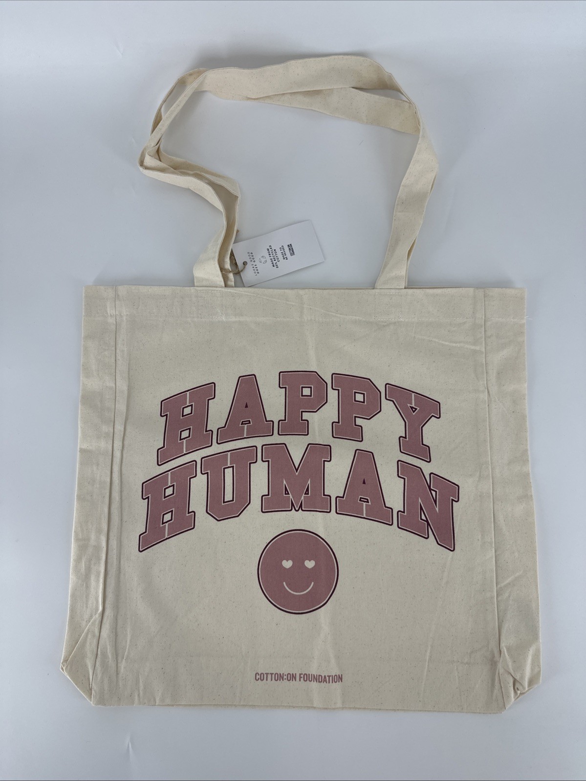 RARE Cotton:On HAPPY HUMAN Smiley Recycled Tote Bag Reusable Grocery Travel NEW