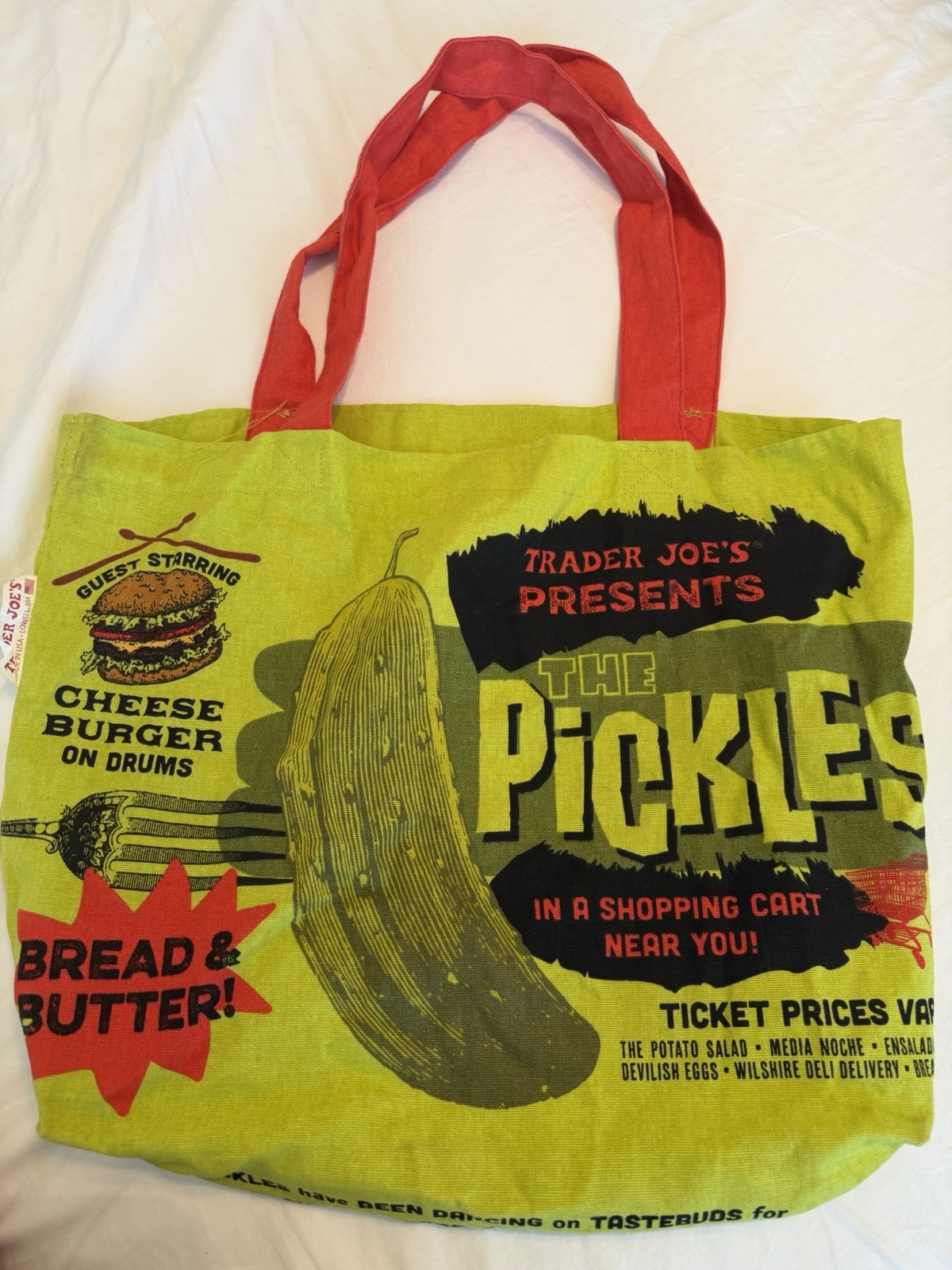 Trader Joe’s PICKLE IN A JAR Canvas Cotton Tote Reusable Grocery Tote Bag Green