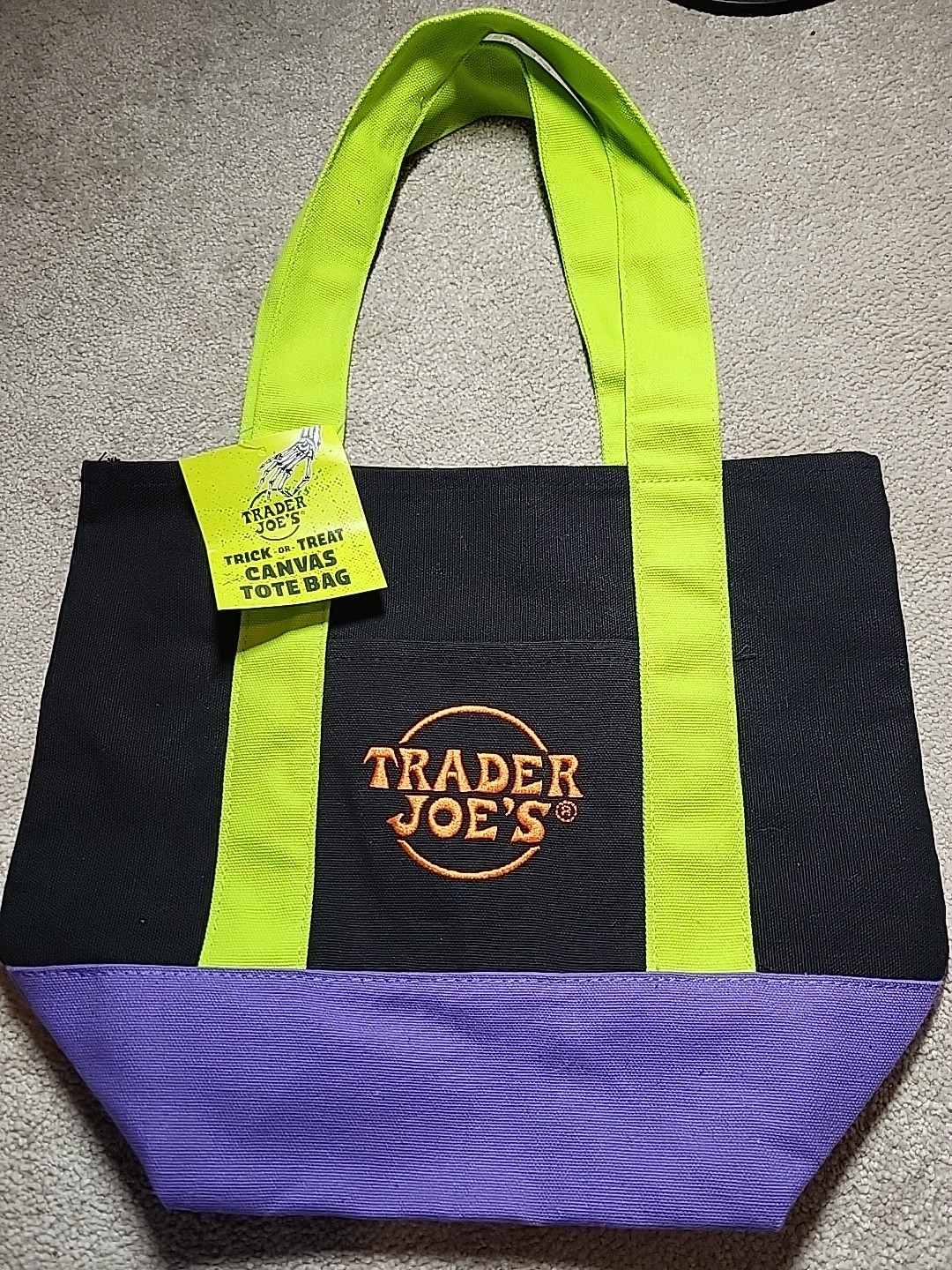 Trader Joe’s Trick Or Treat Canvas Tote Bag Black Green And Purple NWT