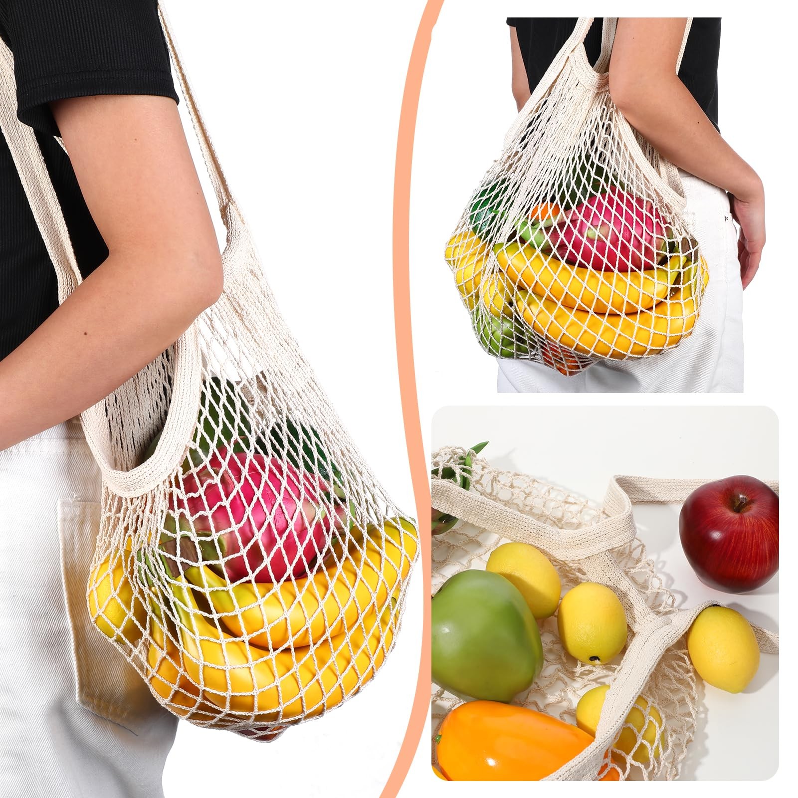 2 Pack Reusable Cotton Mesh Farmers Market Bag, Grocery 35 x 35 cm, Beige