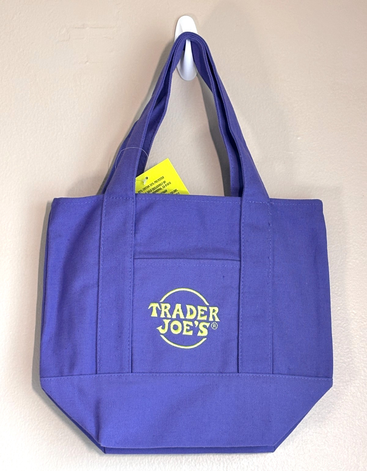 Trader Joes Mini Canvas Purple Tote Bag Embroidered Logo Double Handles