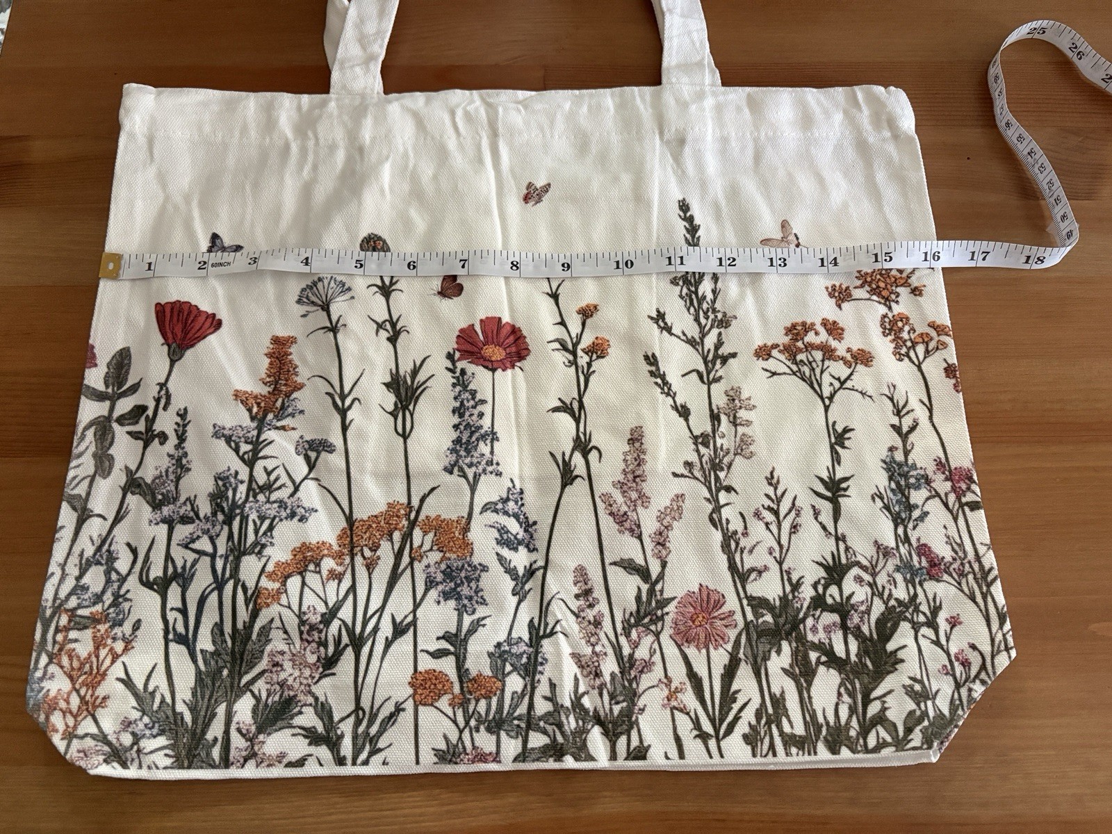 Reusable Canvas Tote Bag Large 18x13x2 in White/Multicolor Wildflower Print