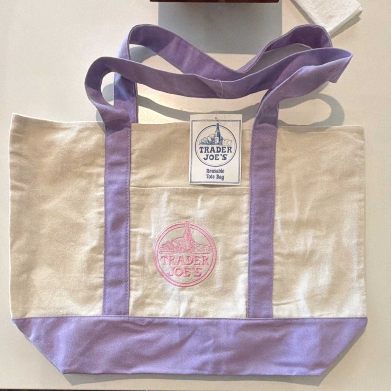 Rare Trader Joe’s Foldable Reusable Shopping Bag Beige Purple Cotton Polyester