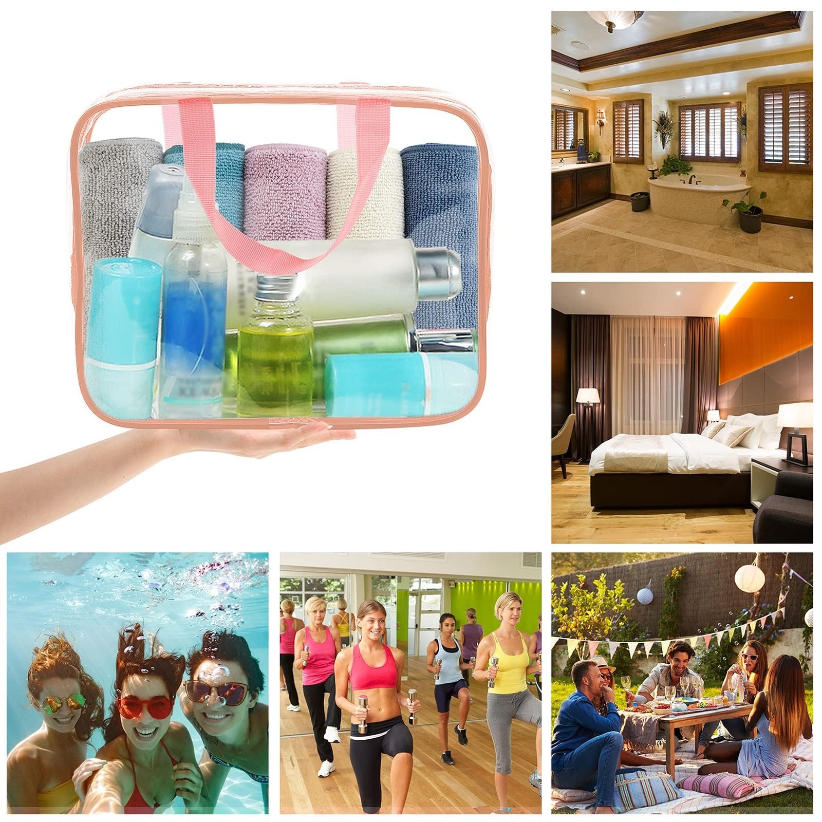 APREUTY Clear Makeup Bags, TSA Approved 6 PCS, Pink-6PCS (Large+Medium+Small)