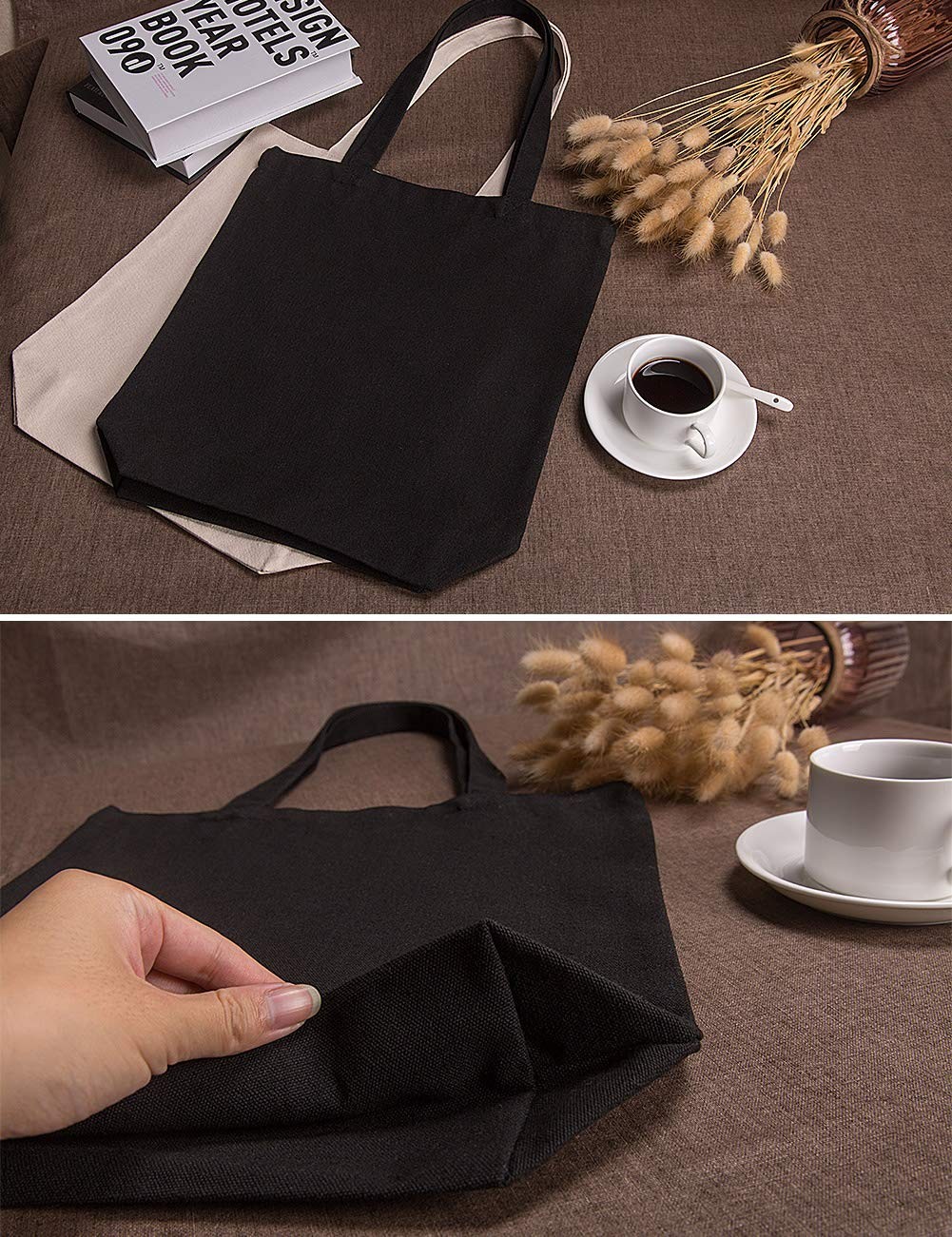 Natural Canvas Tote Bags DIY Reusable Shopping Grocery Bag (Black – 6 Pack)