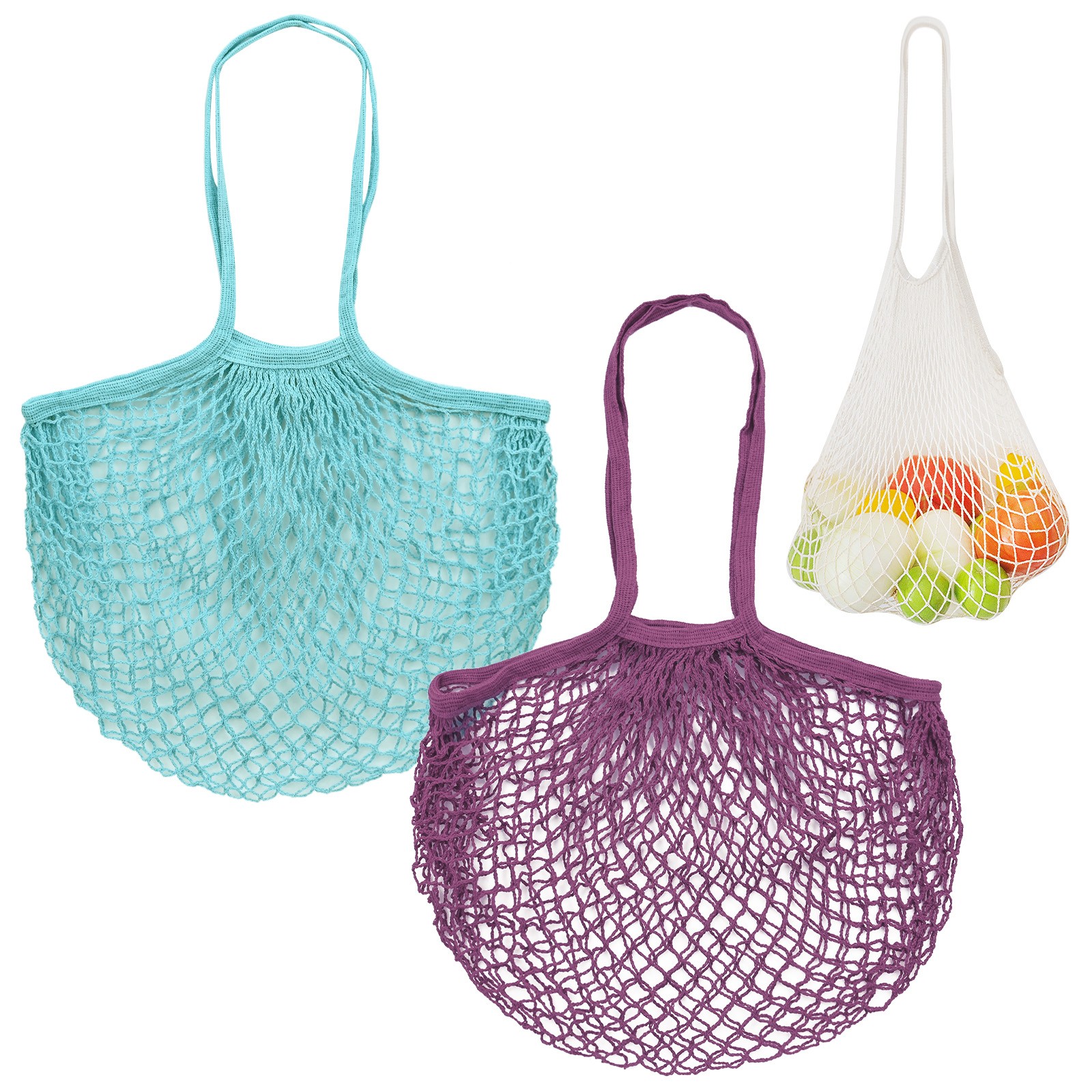 2-Pack Mesh Net String Grocery Bags [Purple-Pink, Blue-Green,Long Handle]