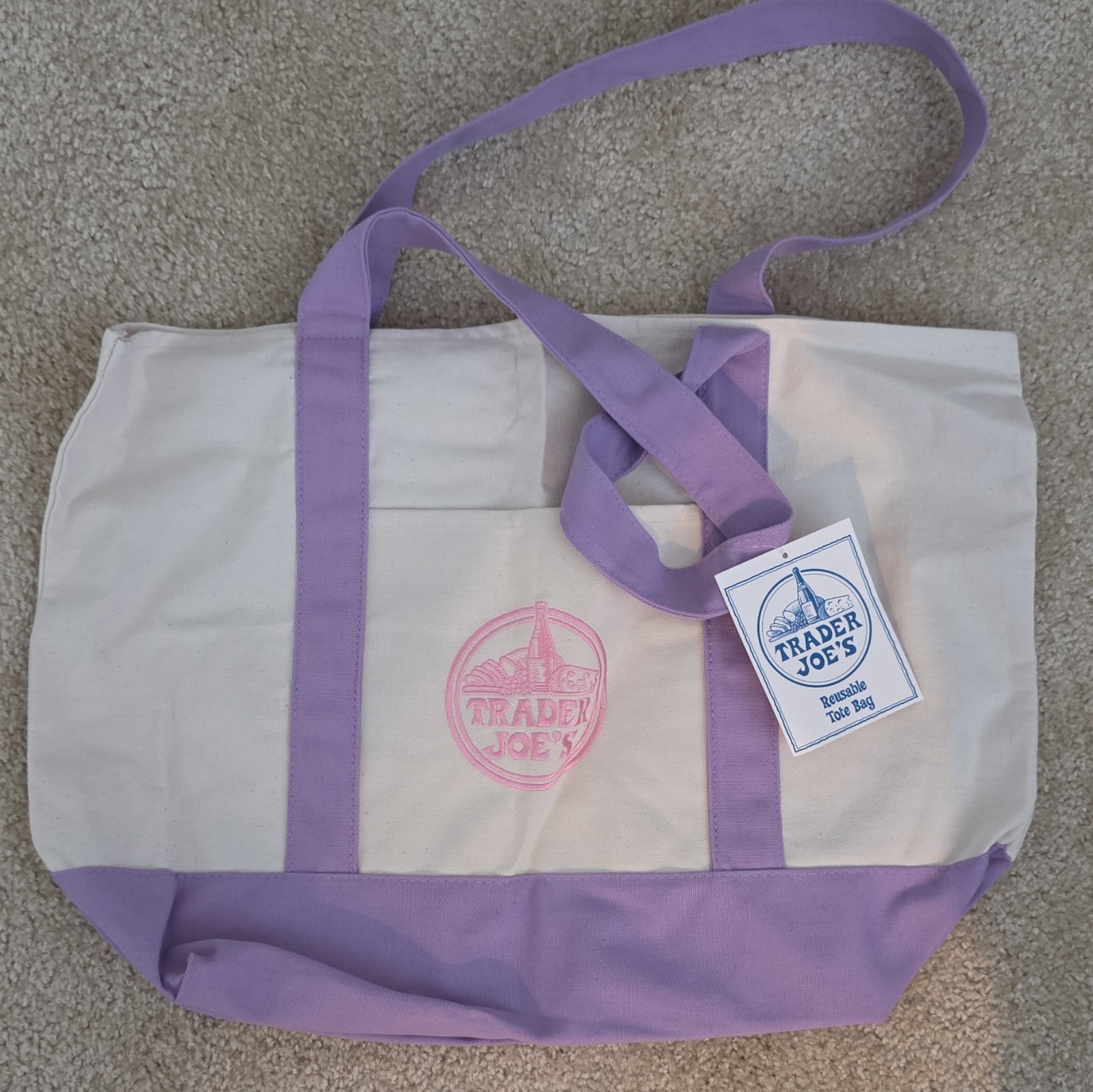 Trader Joe’s Cotton Tote Bag Purple Beige Pink Foldable Machine Washable 20x14x6