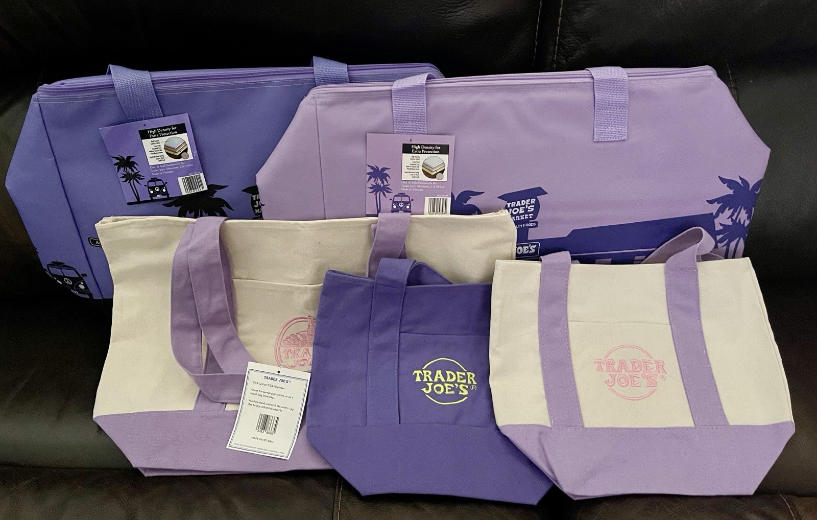 Trader Joe’s Reusable Bags NEW Lot Purple Insulated 8 Gallon Large & Mini Canvas