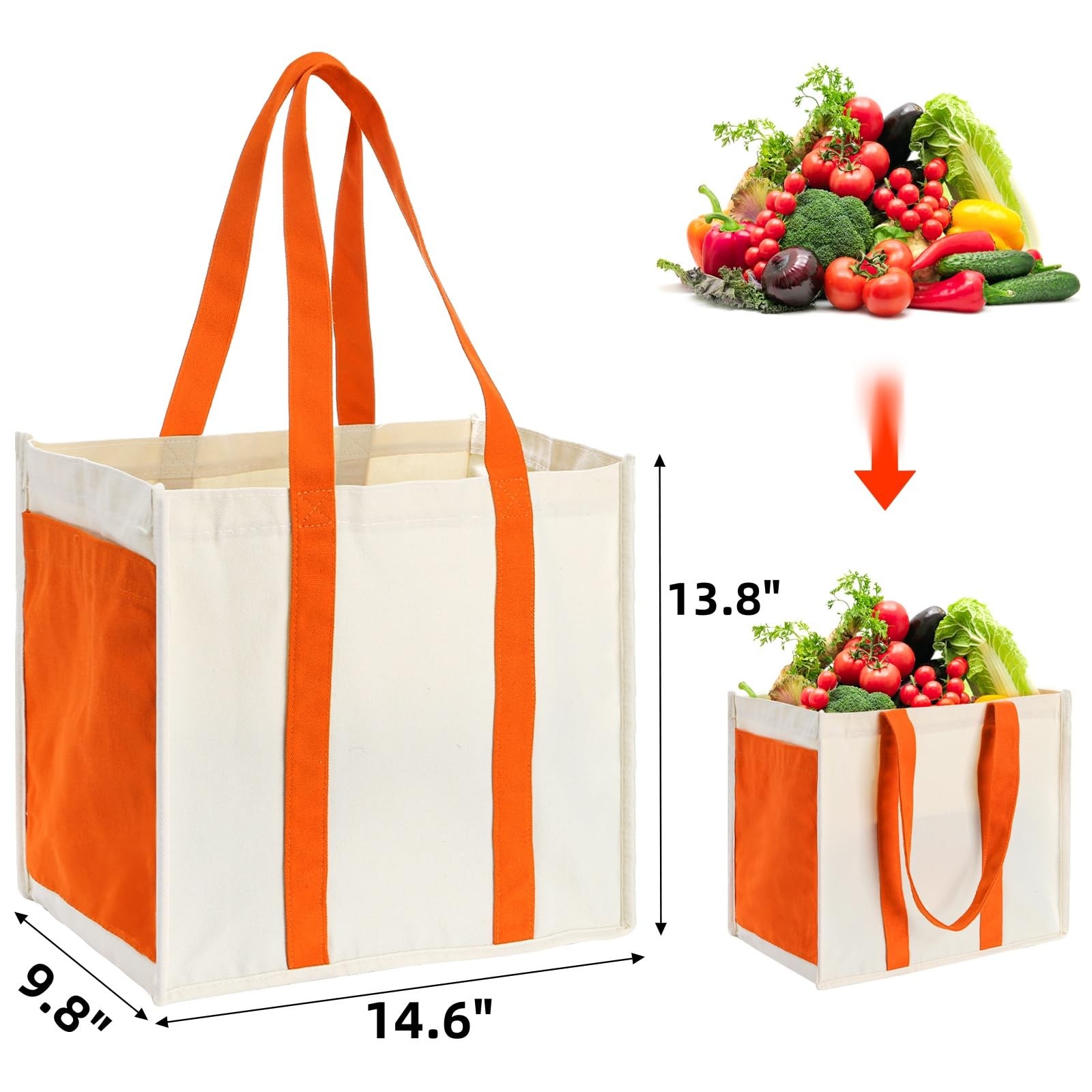 4 Pack Heavy Duty Reusable Canvas Grocery Bags with Side Pockets, Foldable Tote