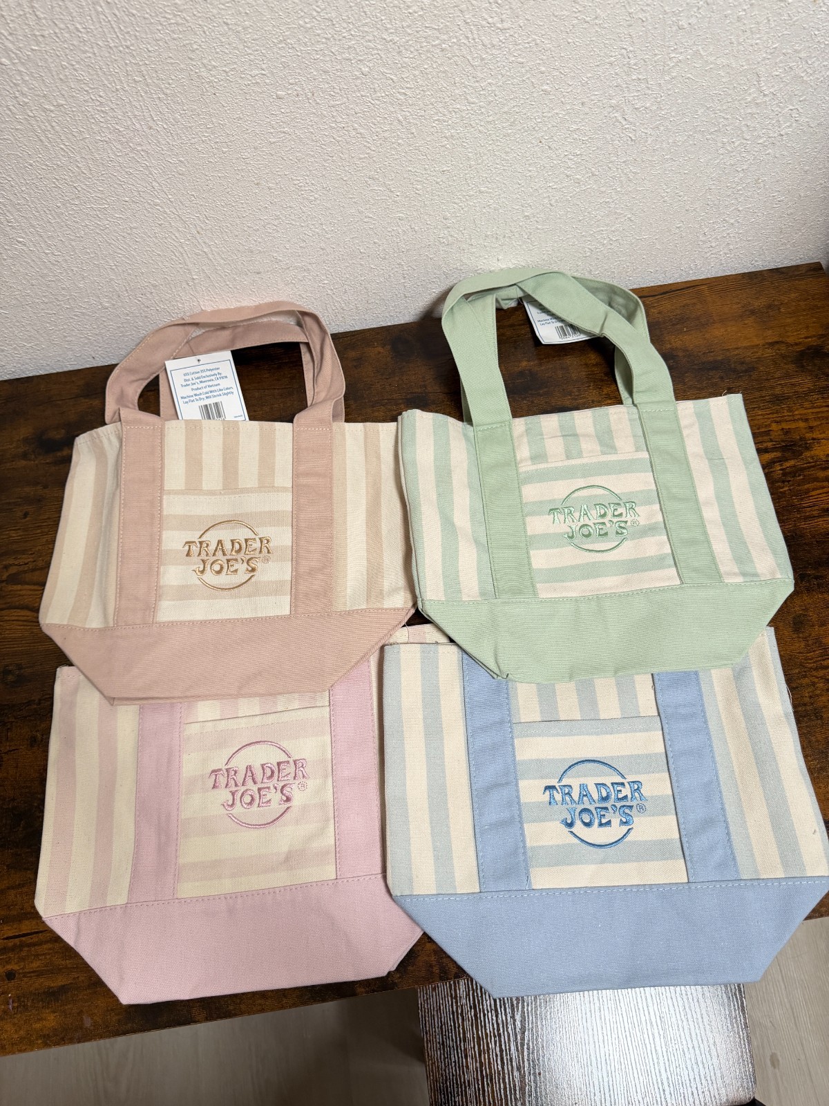 NEW Trader Joe’s Mini Striped Tote Bag ,Set of 4 Pink Blue Green Beige .