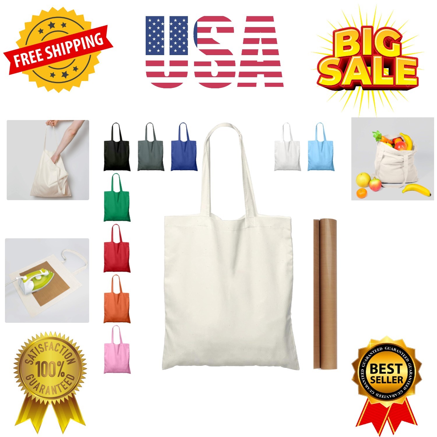 5 | 12 | 15 | 25 | 50 Pack 15” X 16” Natural Cotton Tote Bags, Lightweight …