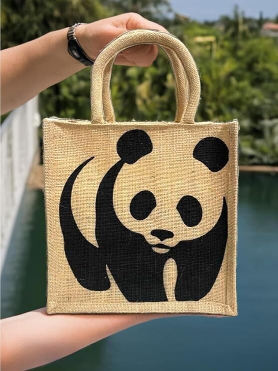 Panda Pack of 5 | Eco-Friendly Jute Fabric Printed Tote Bag with Zipper, Handle