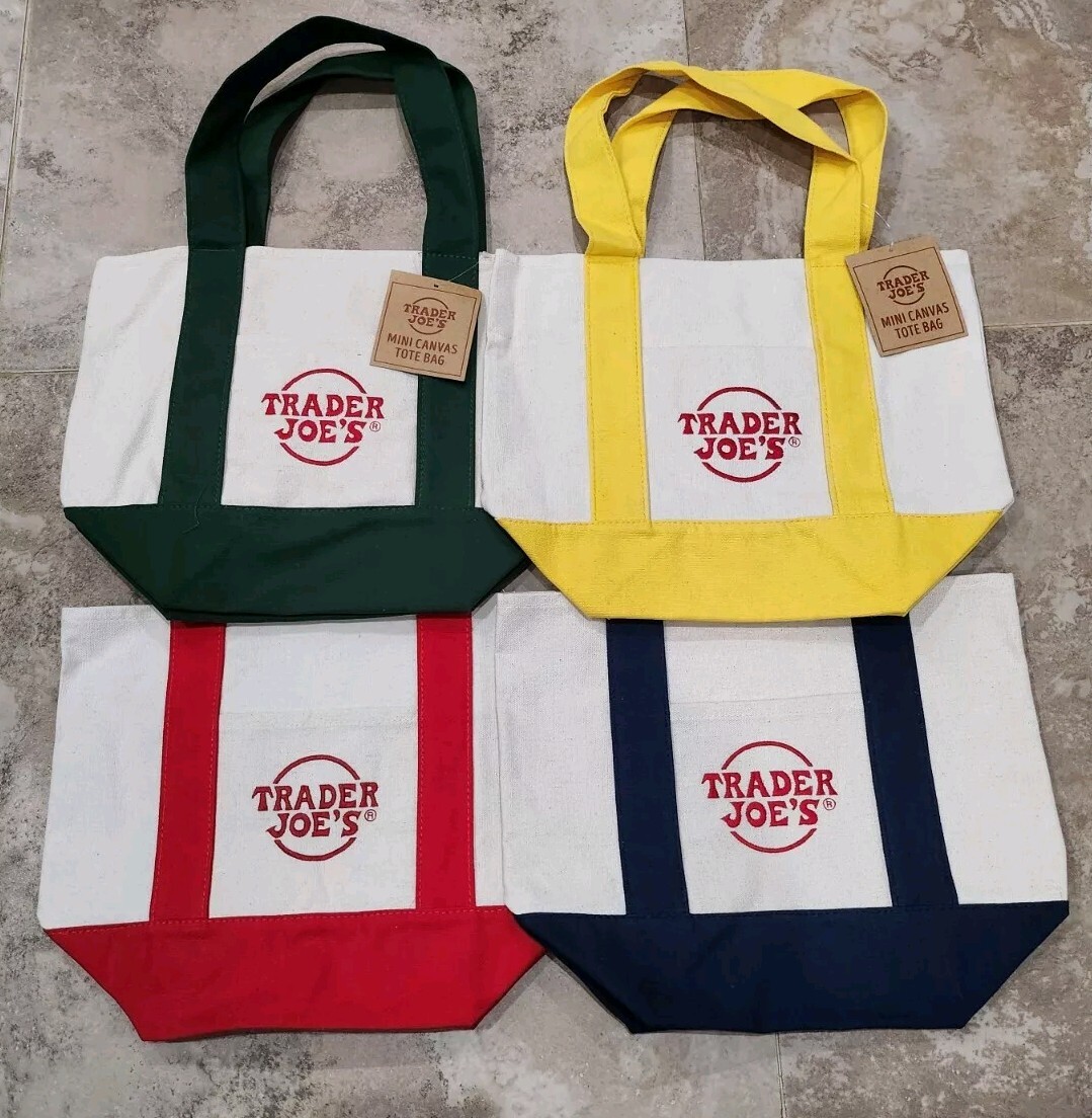 TRADER JOE’S MINI CANVAS TOTE BAG SET OF 4 YELLOW GREEN BLUE RED