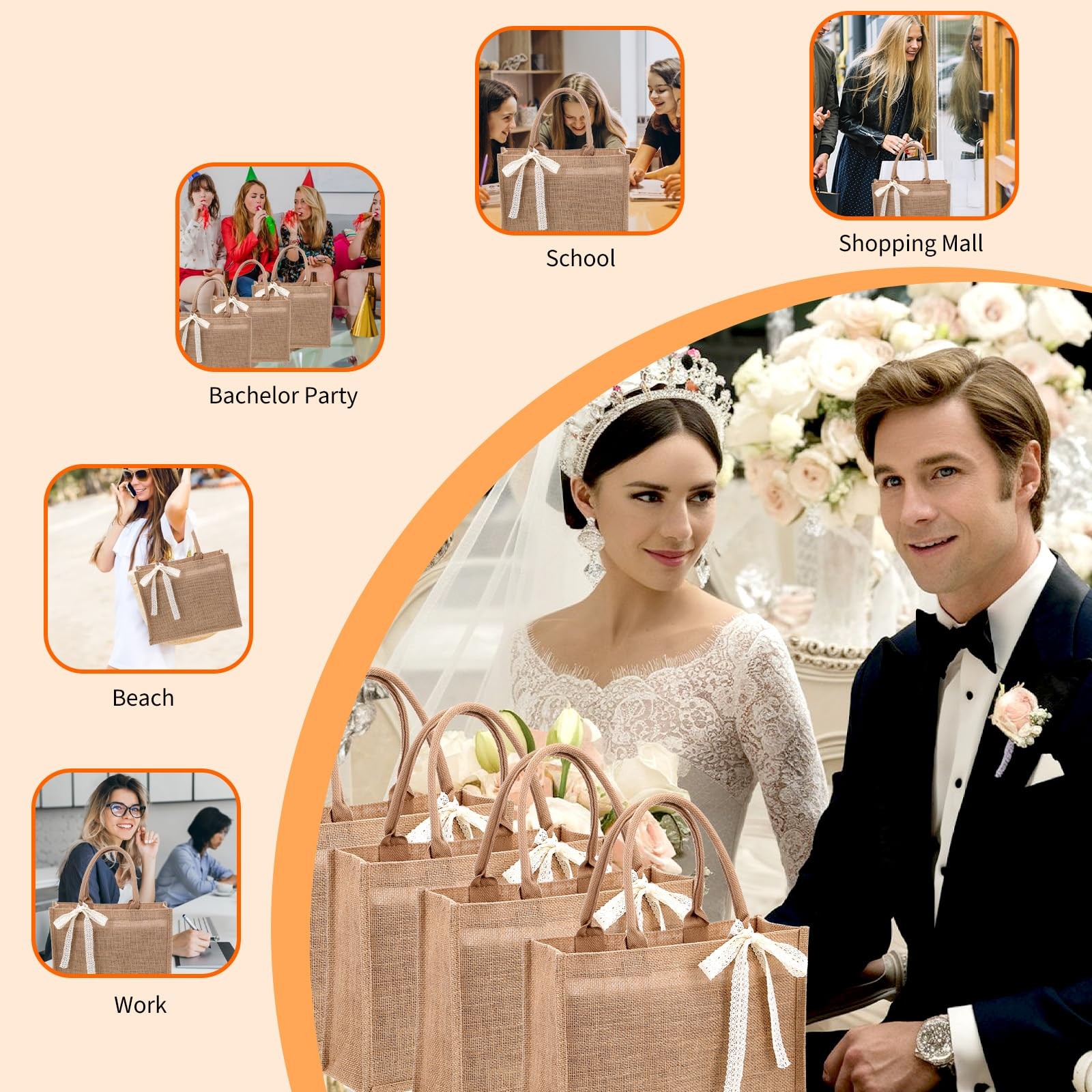 8pcs Burlap Tote Bag Set with Handles, Waterproof Reusable Blank Water Resist…