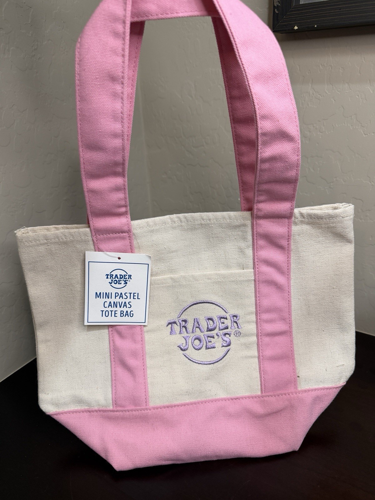 Trader Joe’s Mini Pastel Canvas Tote Bag Pink/Beige 13×10 in 6 in W