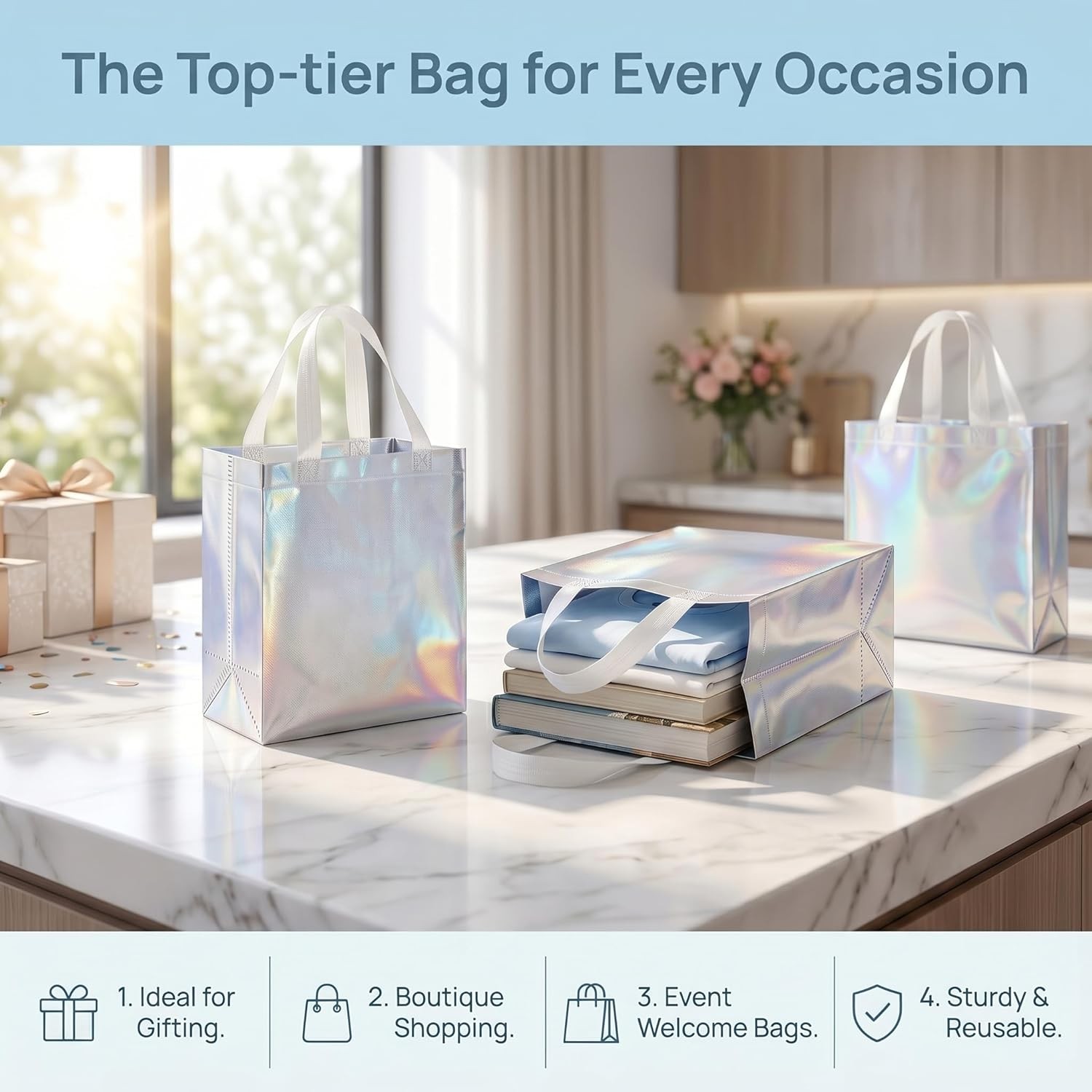 40 Pack 10 x 8 Inch Glossy Reusable Grocery Bags Non-woven Tote Shopping Bags W/