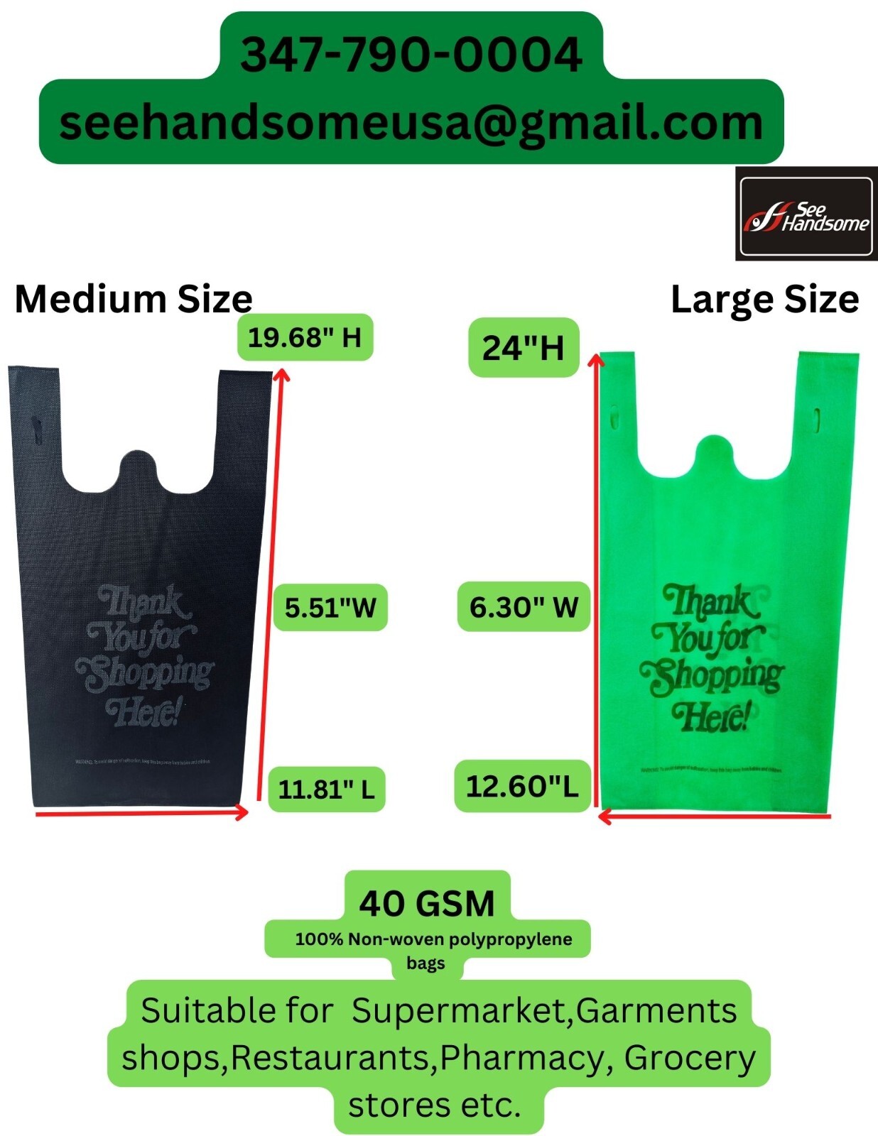 Non woven Grocery, Retail T-shirt Shopping Reusable Bags 750 -1000 Bags- 40 GSM