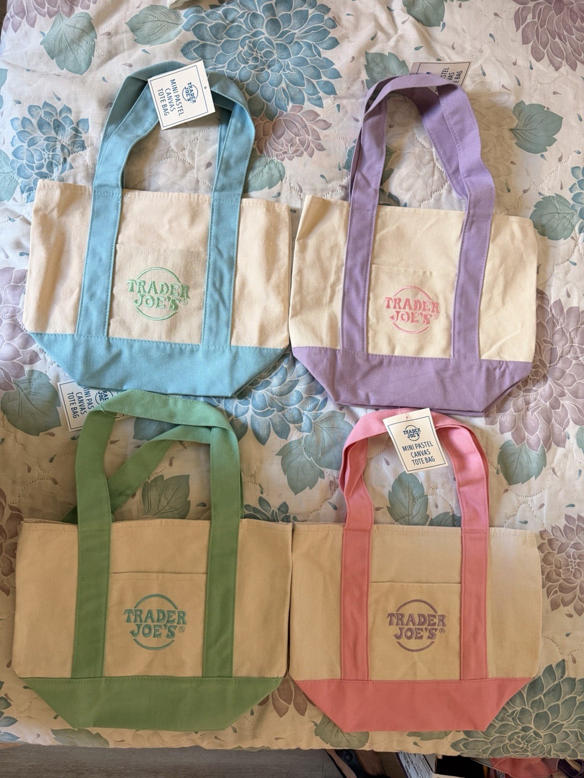 Trader Joe’s Mini Canvas Tote Bags Set of 4, Foldable, Multicolor, Color Block
