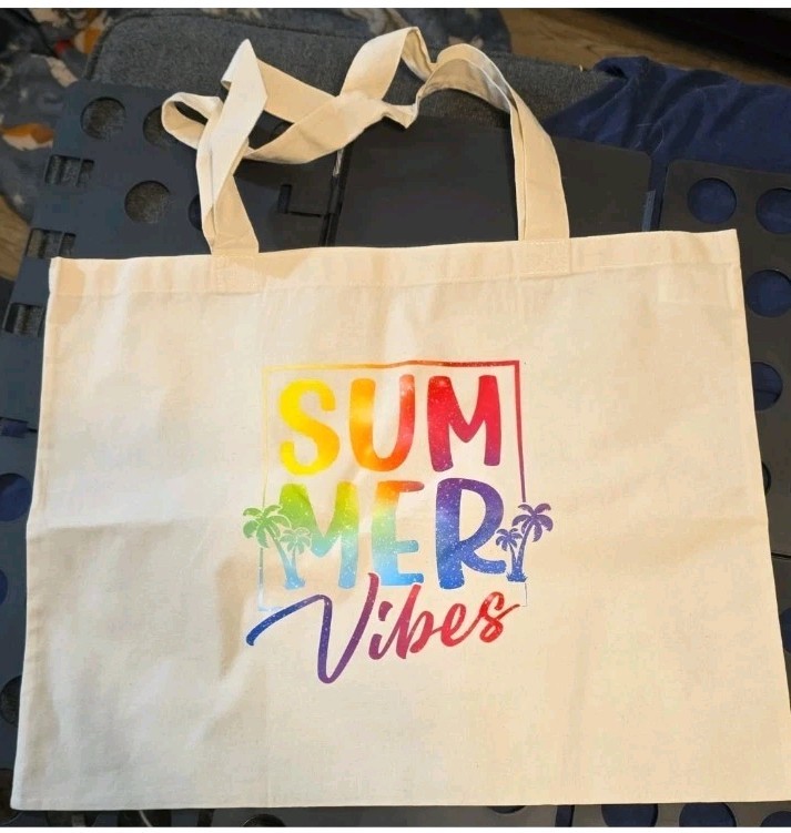 Beige Multicolor Canvas Foldable Tote Bag ‘Summer Vibes’ All-Over Print