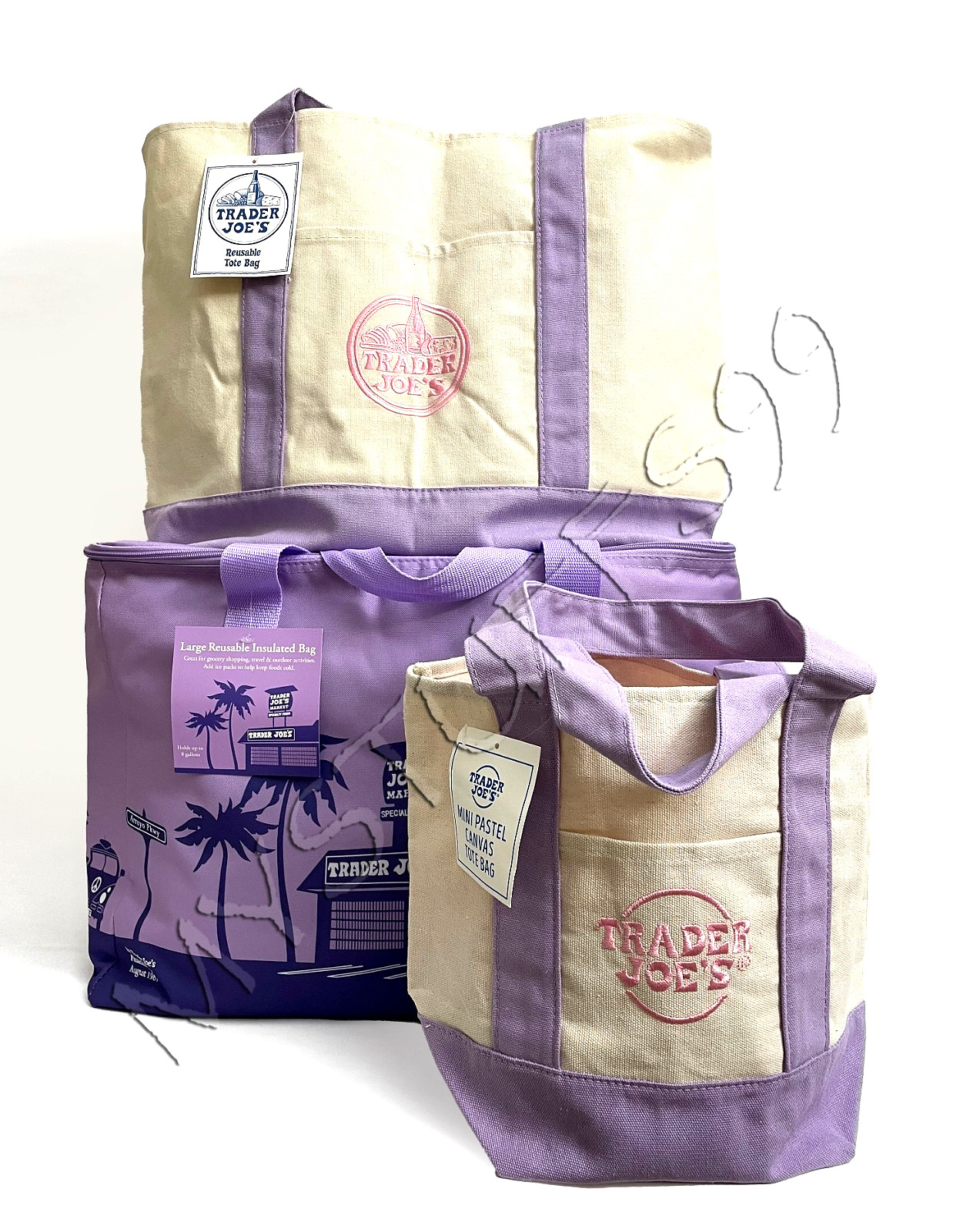 TRADER JOE’S PURPLE RAIN INSULATED, MINI & LARGE LAVENDER CANVAS TOTE BAGS SET