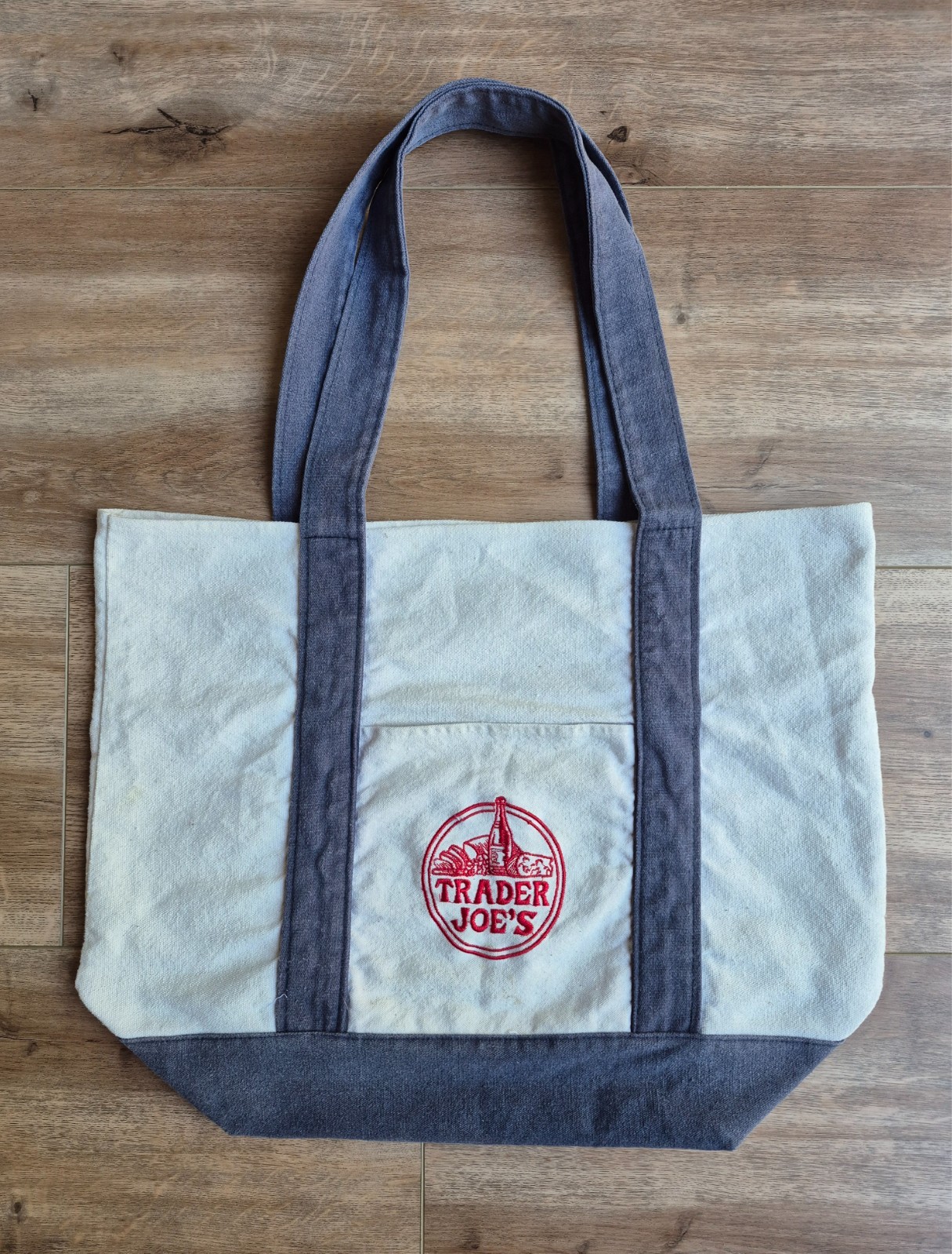 Vintage Trader Joe’s Large Canvas Tote Bag Denim Embroidered Pocket Double Sided