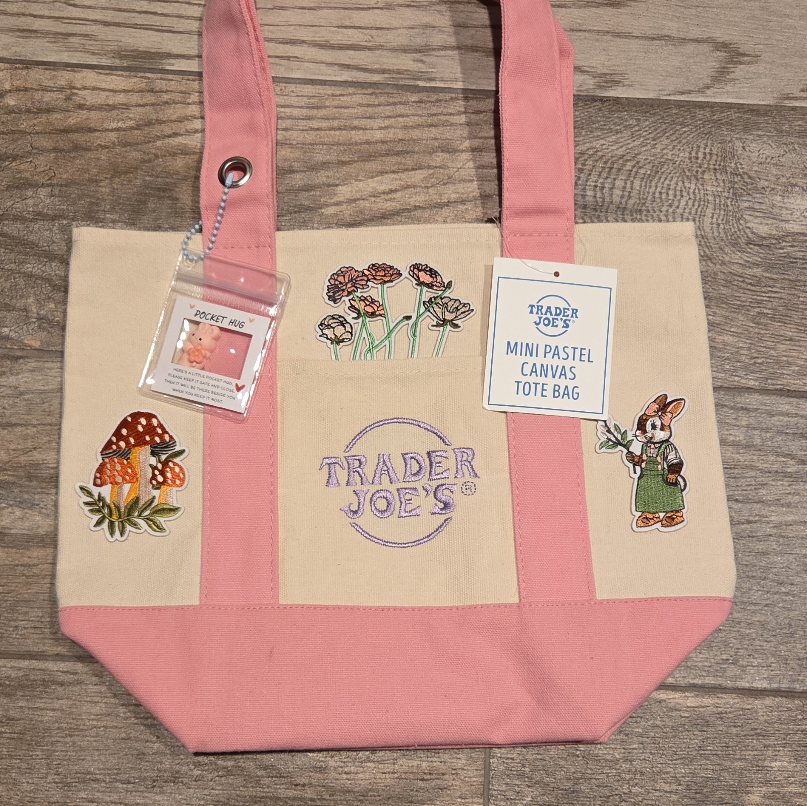 Trader Joe’s Mini Pastel Canvas Tote Bag Embroidered Mushrooms Flowers Rabbit