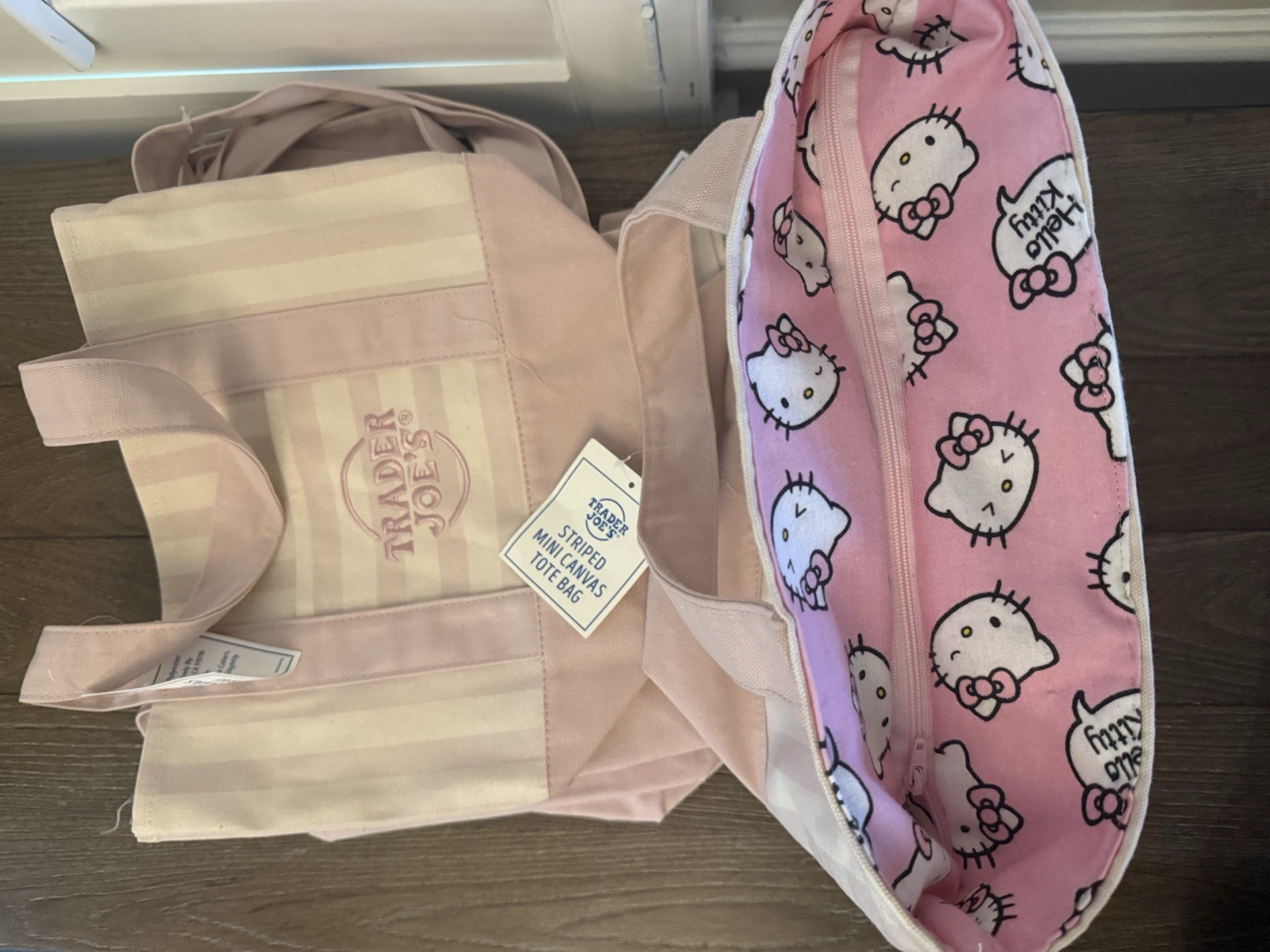 Trader Joe’s Limited Edition 2026 Drop Mini Stripe Canvas Tote Pink Hello Kitty