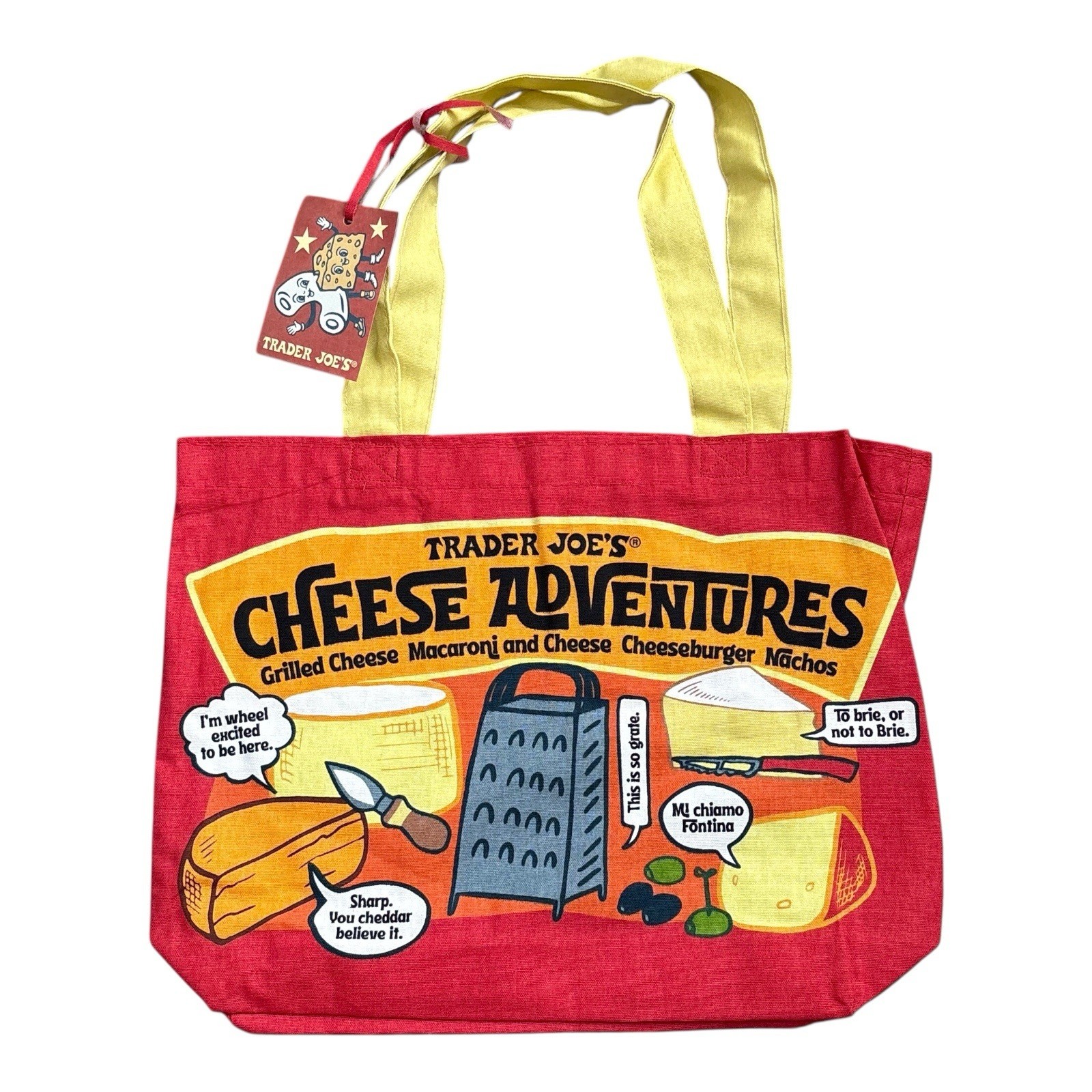 Trader Joe’s Cheese Tote Bag Reusable Cotton Grocery Red Yellow Food Graphic NWT