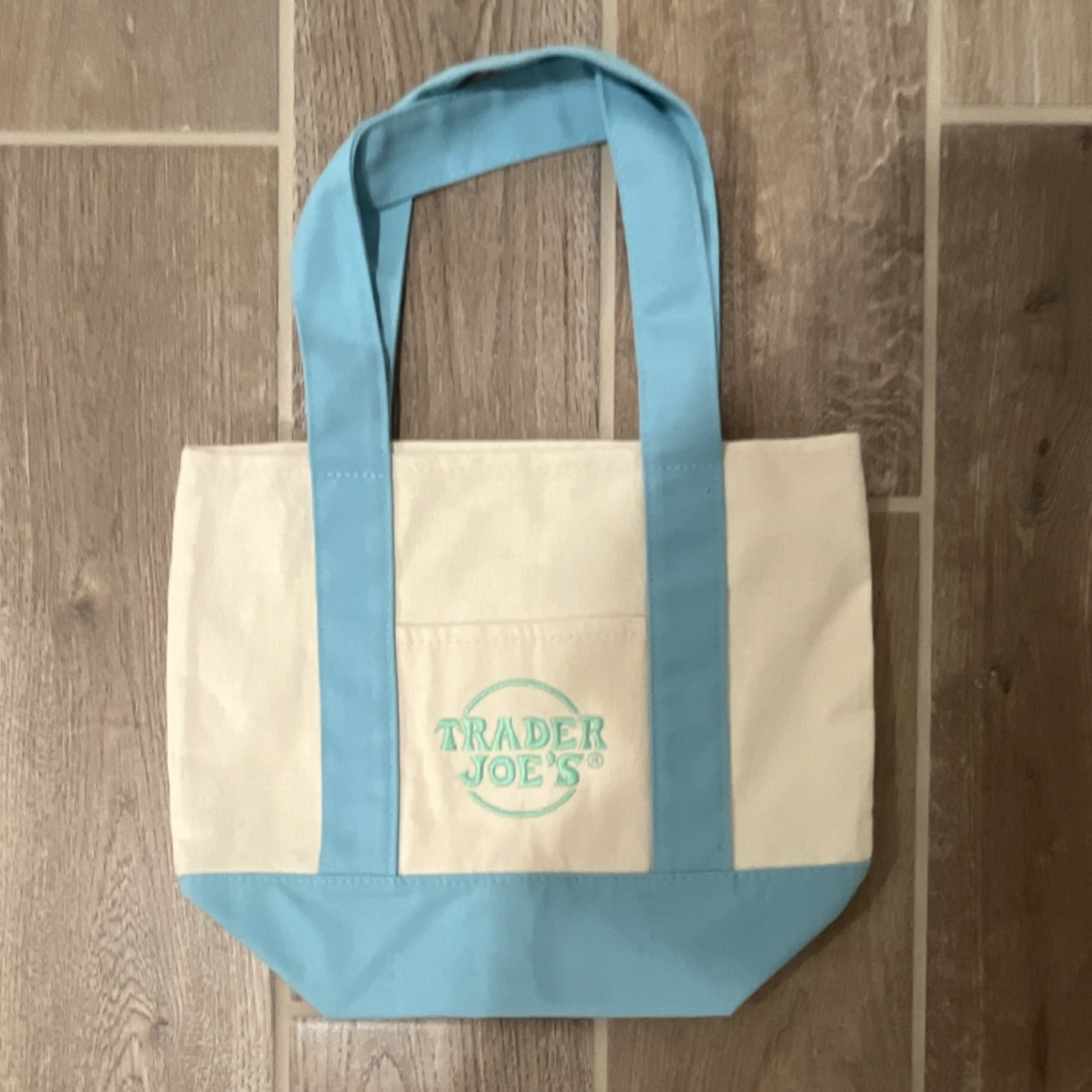Trader Joe’s Canvas Tote Bag Blue Beige Foldable Small 17x13x12 in