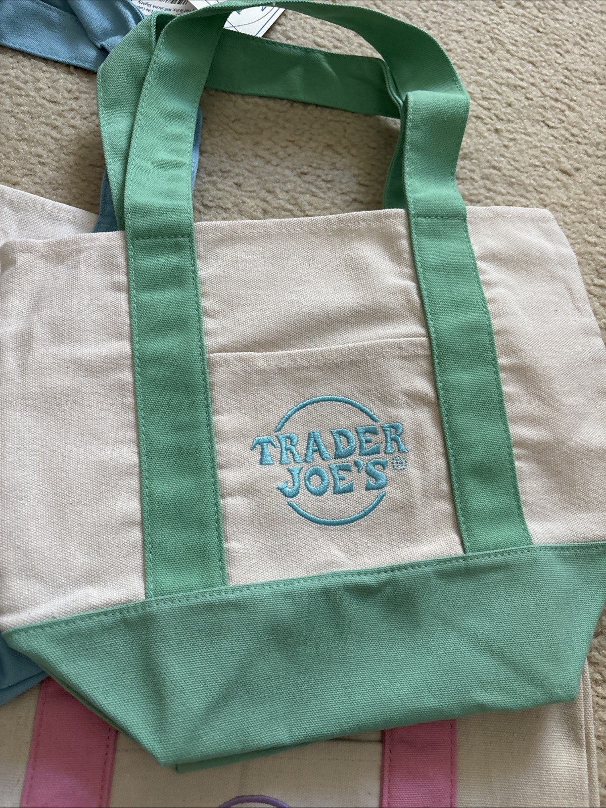 NWT Trader Joe’s Mini Pastel Canvas Tote Bag Set Of 4 Blue Green Pink Purple