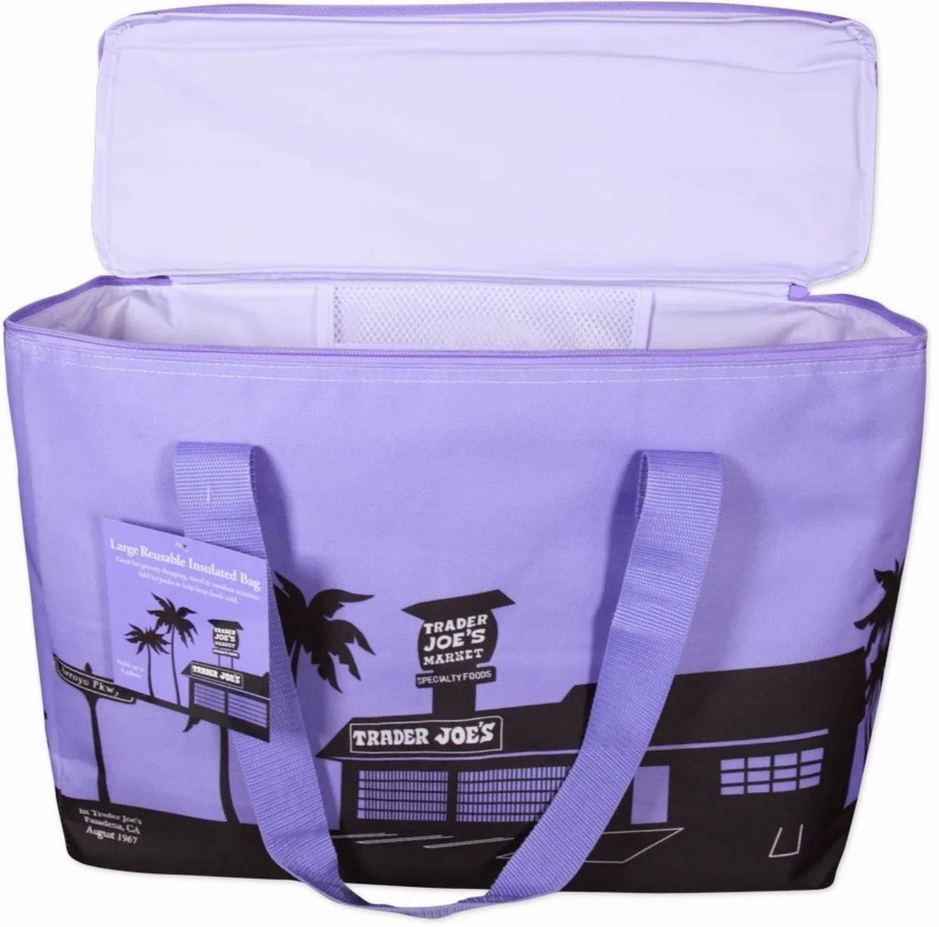 Trader Joe’s XL Lavender Purple Writing Insulated Tote Cooler Market Shopper Bag