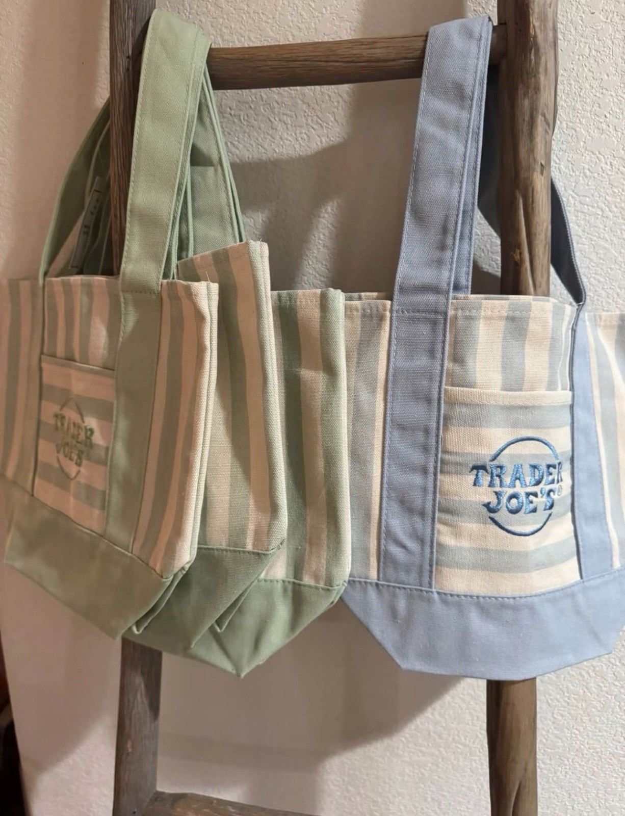 Trader Joe’s mini Striped Canvas Tote Bags Blue/Beige/Green only a few left