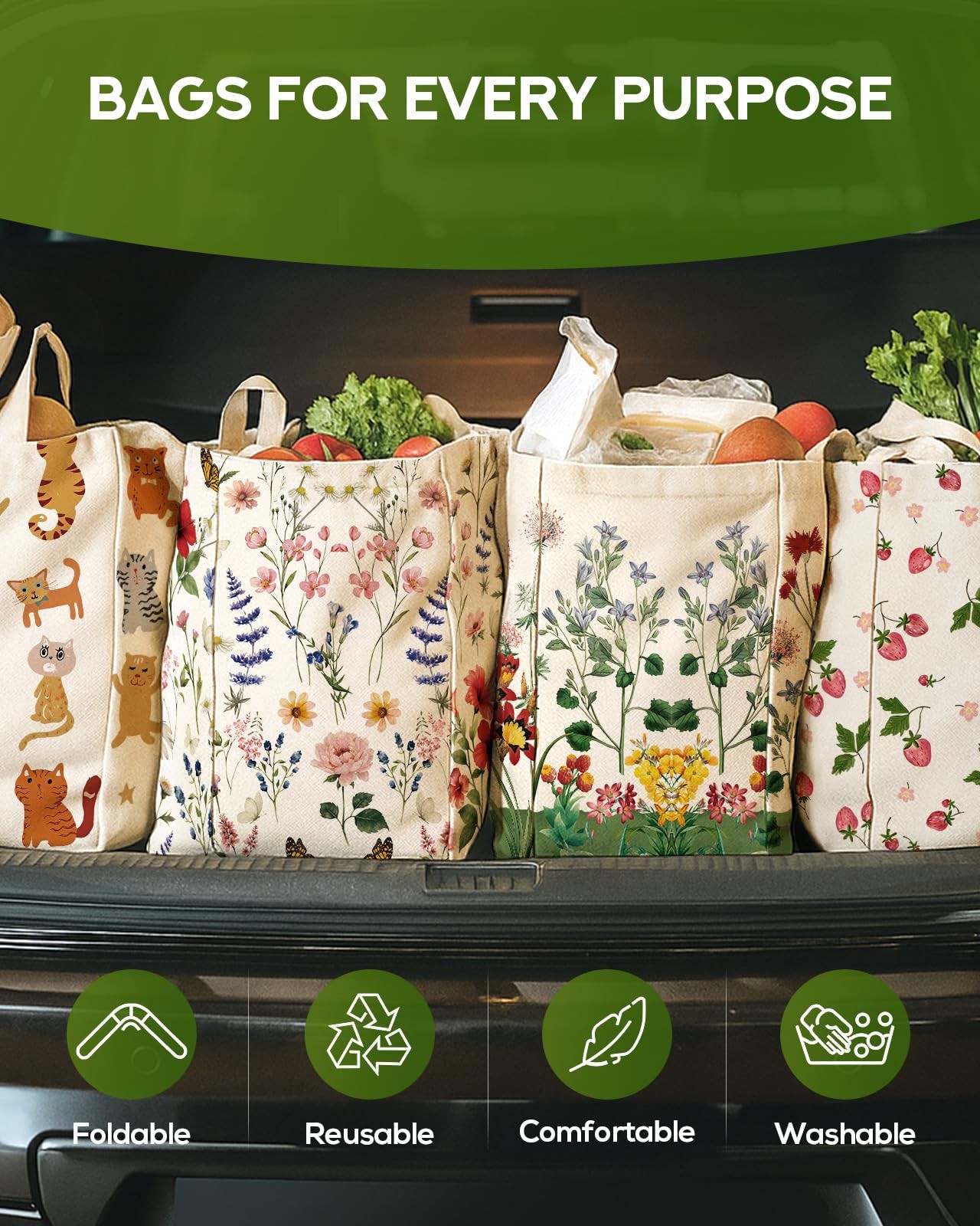Miss Adola Large Canvas Grocery Tote Bag – Reusable One Size, Vintage Flower