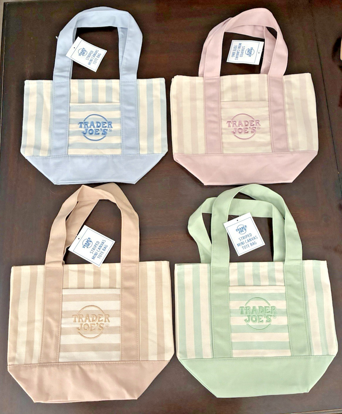 TRADER JOES 4 MINI CANVAS STRIPED TOTE BAGS ~ LIGHT GREEN ~ PINK ~ BLUE ~ TAN ~