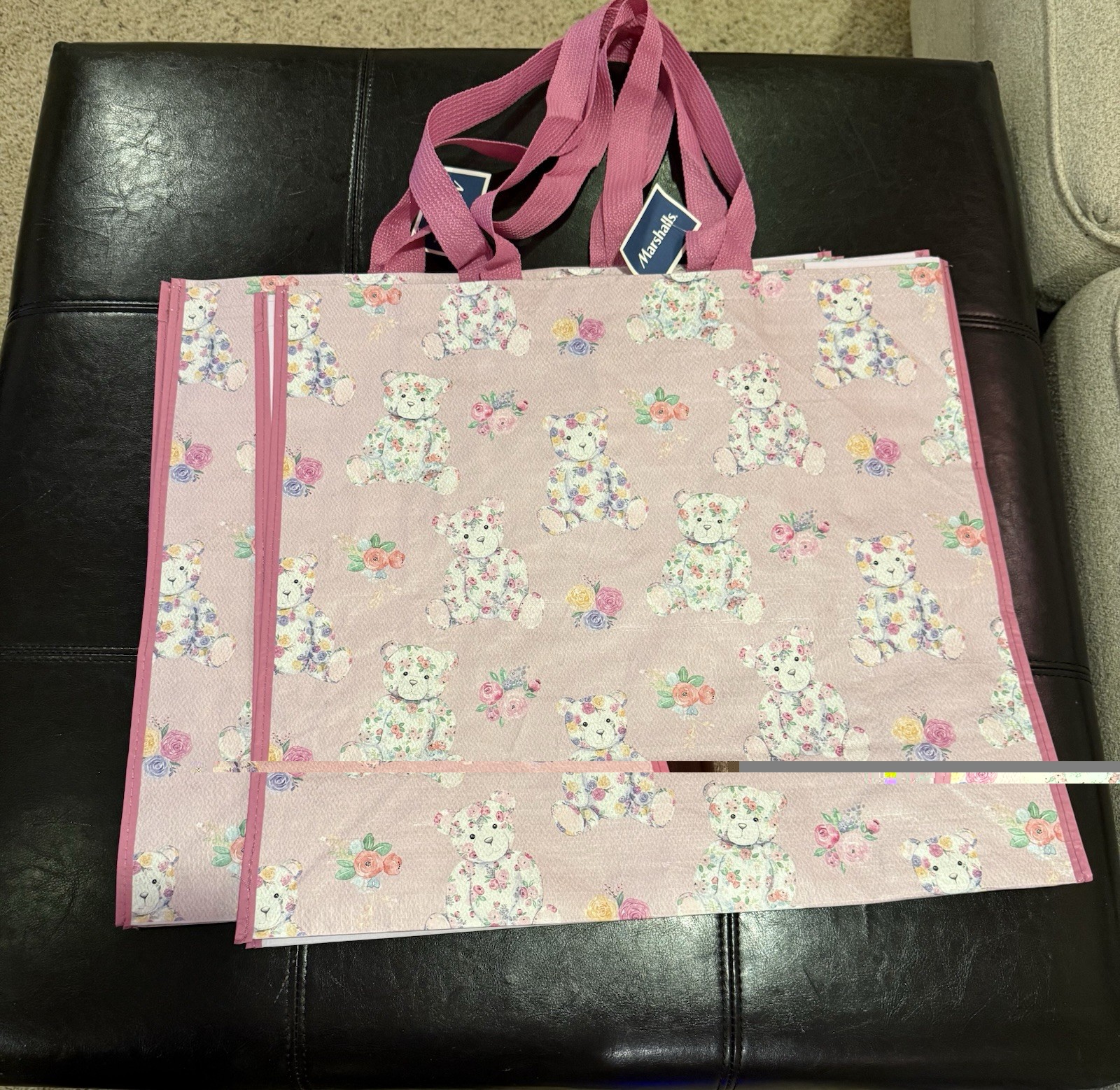Marshall’s Pink Floral Teddy Bear Large Reusable Shopping Bag New