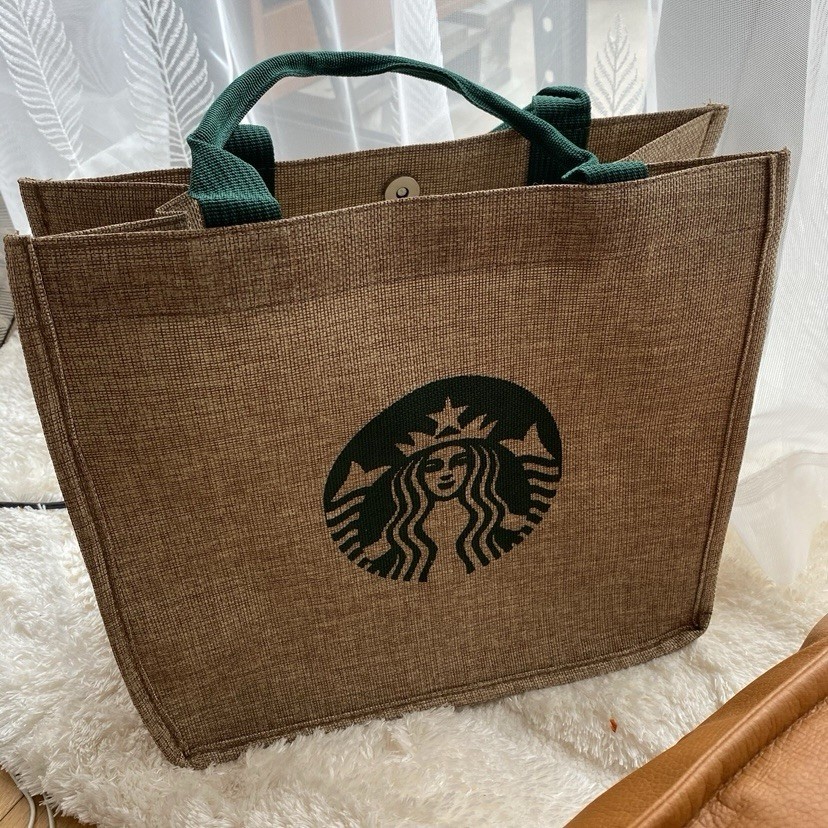 Starbucks Reusable Foldable Jute Shopping Bag Beige Green Handles Inner Pocket