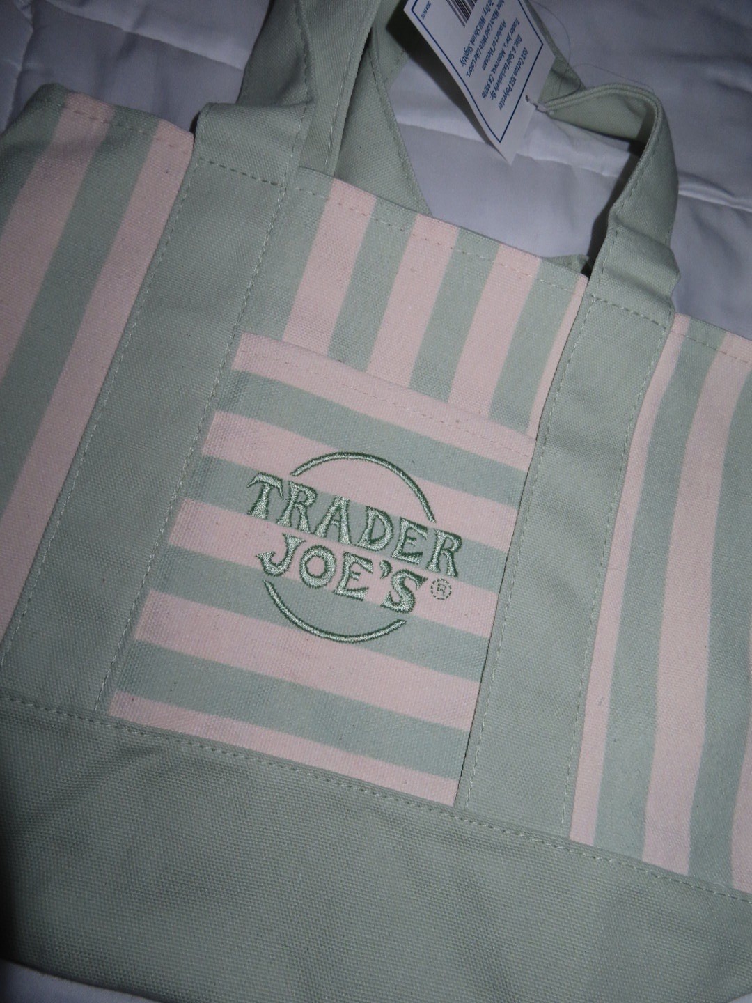 Trader Joe’s Pink Striped Reusable Shopping Tote Bag 13 in x 10 in x 12 in