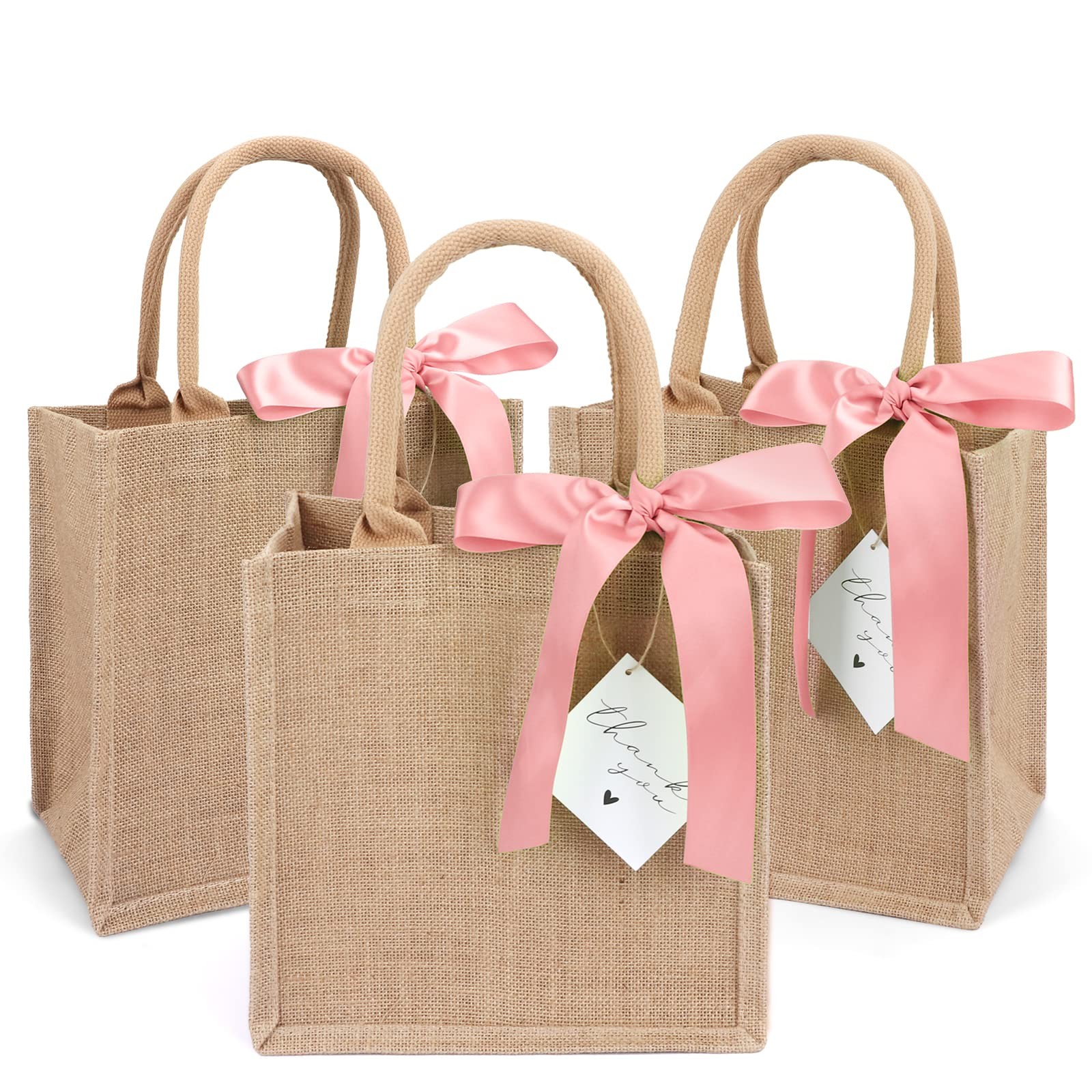 6 PCS Small Burlap Tote Bags Handles Reusable Jute Gift Pink Ribbon