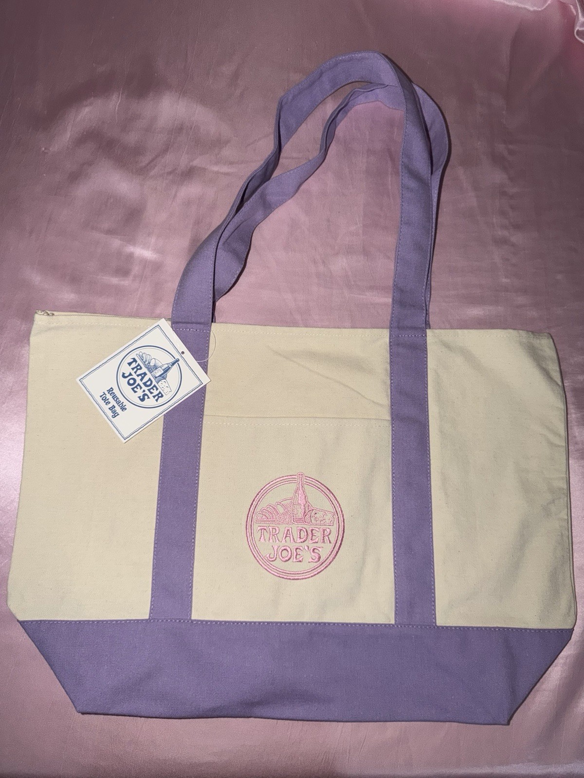 Trader Joe’s Foldable Canvas Reusable Shopping Bag Purple Beige Solid Plain