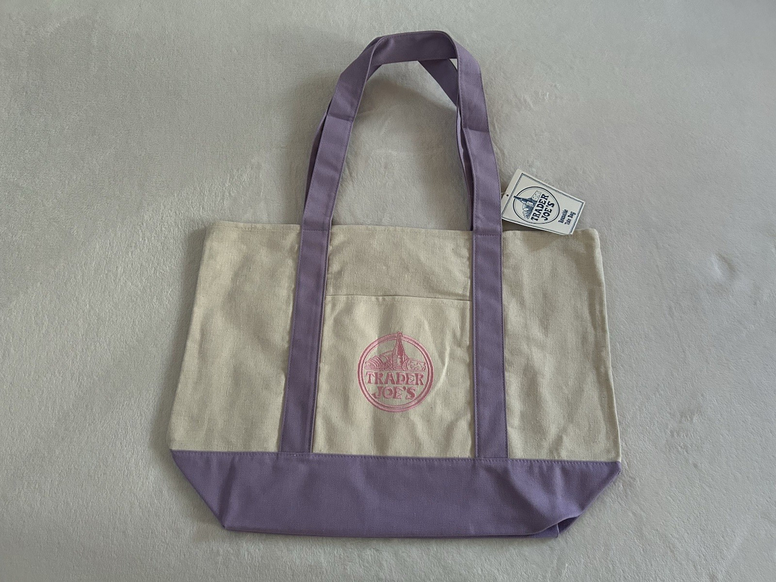 Trader Joe’s Trending Large Purple Embroidered Logo Reusable Canvas Tote Bag NWT