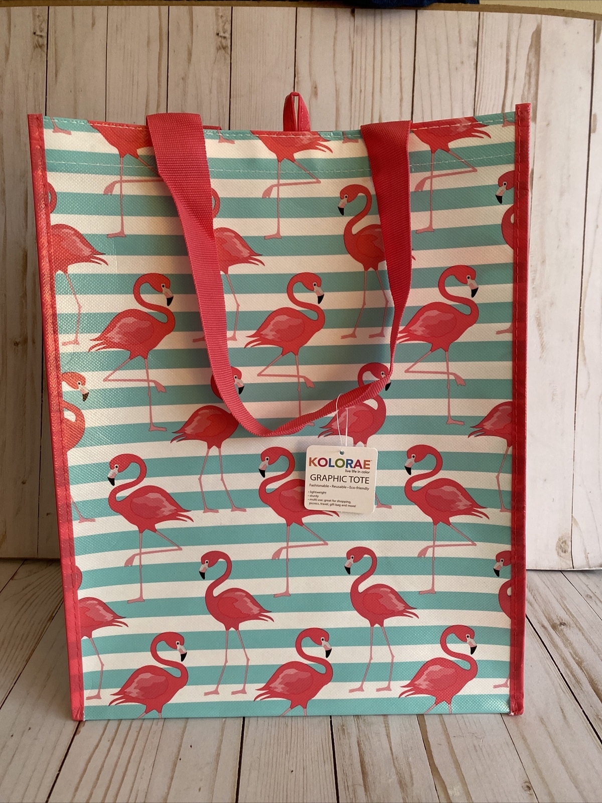 Flamingo Reusable Bag Hot Pink Handles + White & Light Blue Stripes Kolorae New