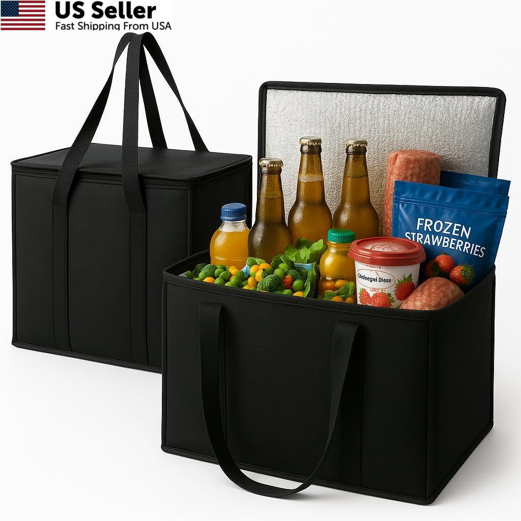 2-Pack, XL-Large Insulated Grocery Shopping X-Large（16W x 12.5H x 9D）, Black