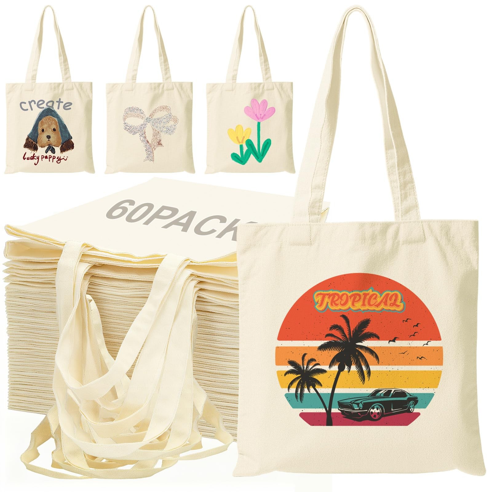 60 Pack Canvas Tote Bag Bulk 13X15 Inch Sublimation Blanks Canvas Tote With H…