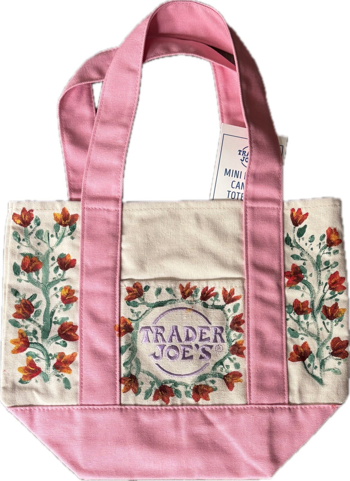 Hand painted Trader Joe’s Mini Canvas Tote Bag Pink Floral 12x10x6 in