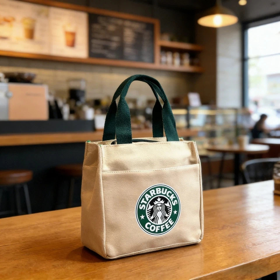 New Starbucks* Canvas Tote Handy Lunch Bag Eco-friendly Tote Shopping Bags Beige